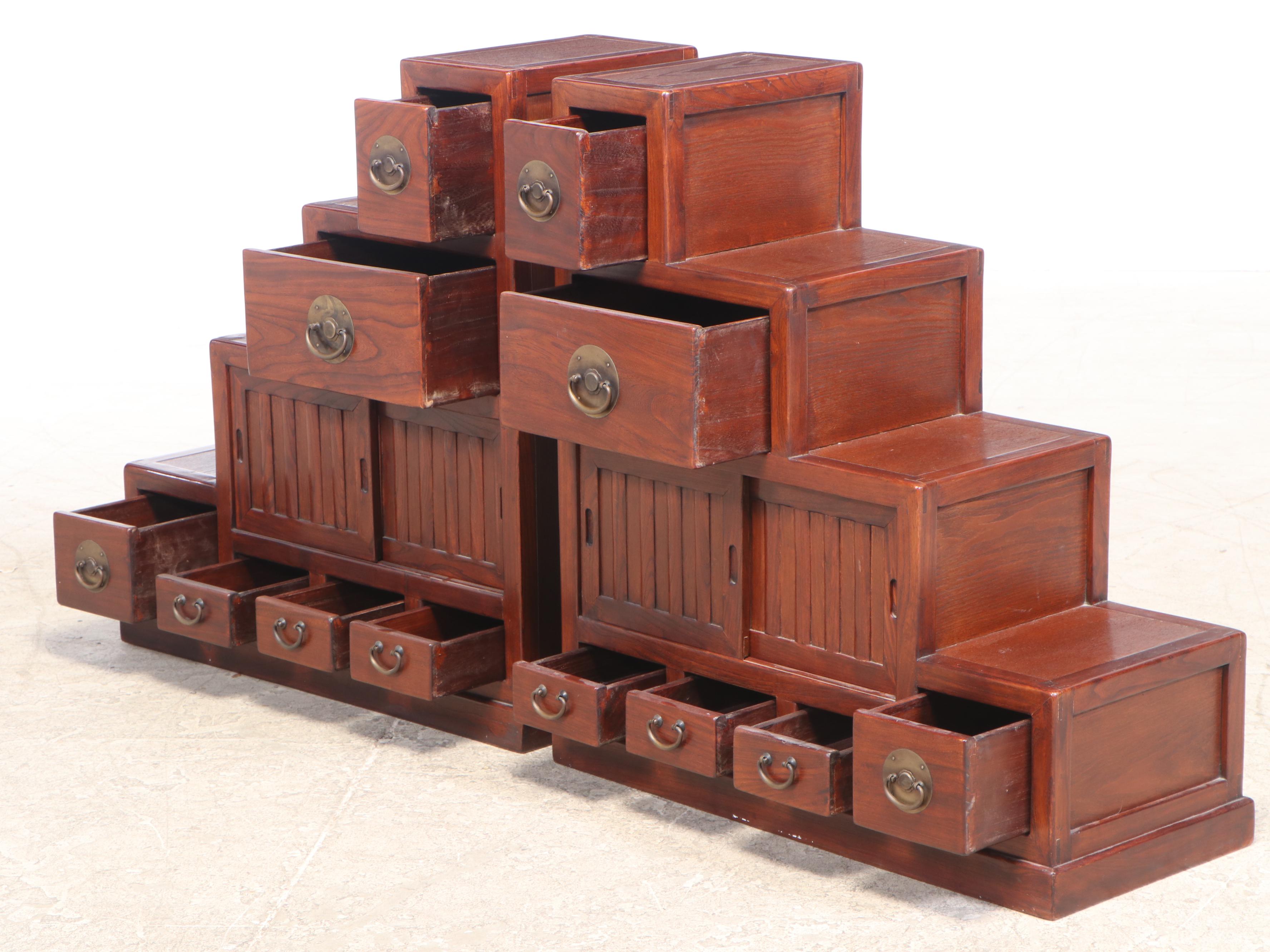 Two Japanese Elm Four-Step Tansu Chests