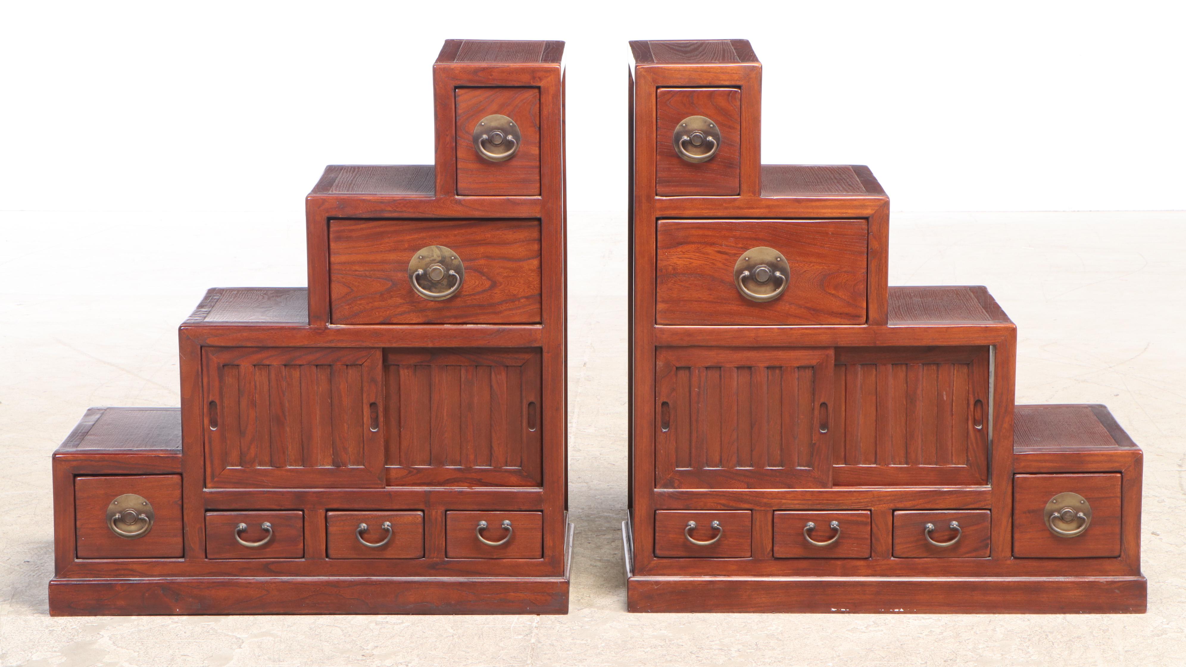Two Japanese Elm Four-Step Tansu Chests