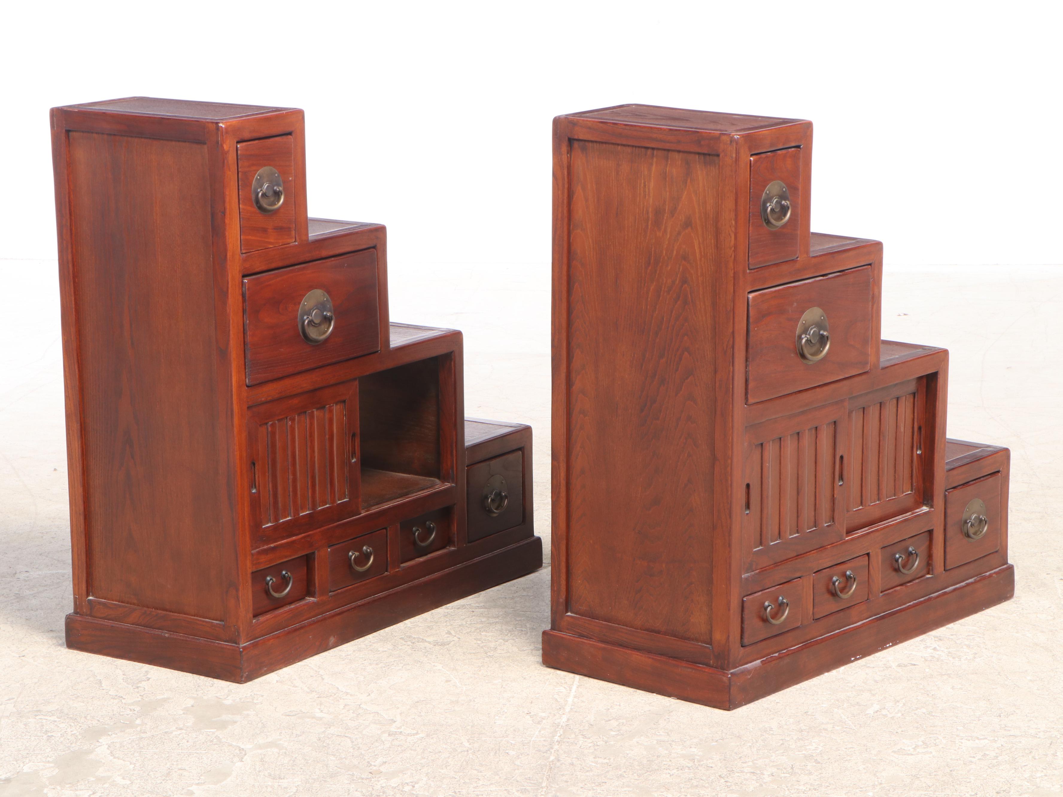 Two Japanese Elm Four-Step Tansu Chests
