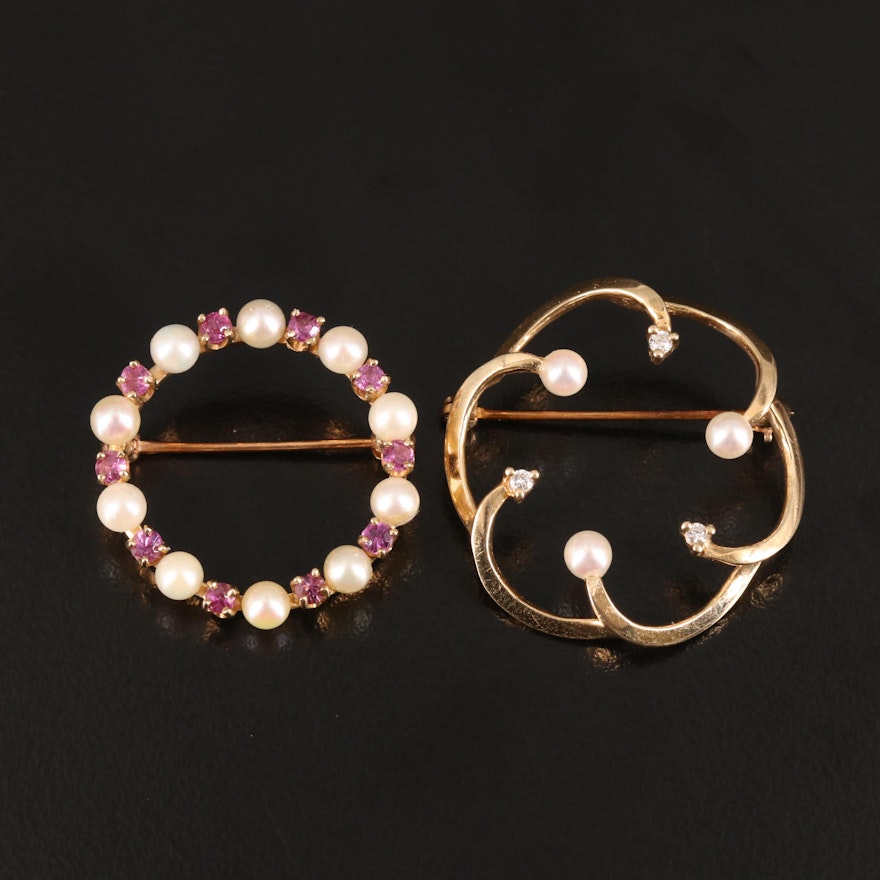 14K Pearl, Ruby, and Diamond Brooches