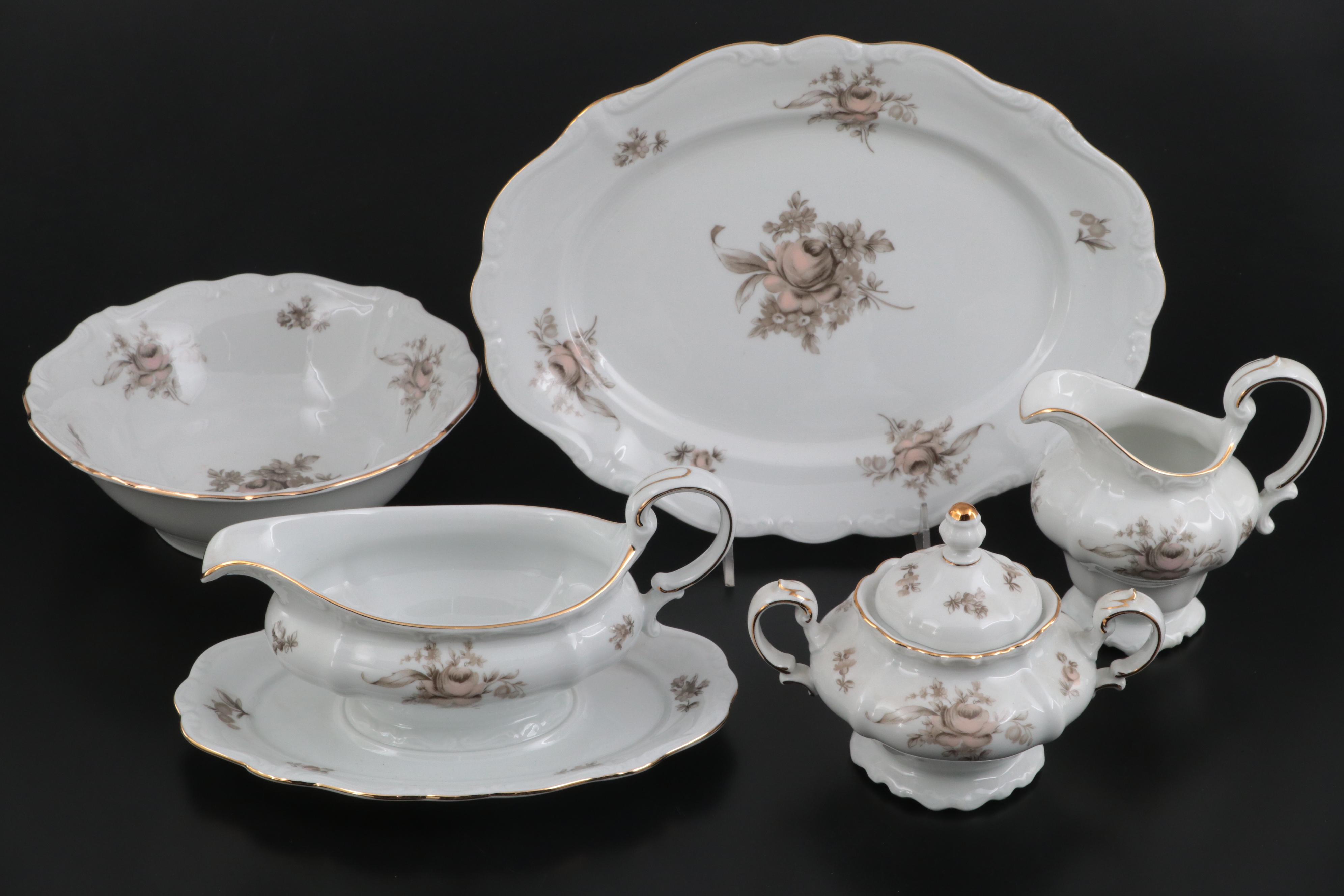 Johann Haviland "Sepia Rose" Porcelain Dinnerware, Late 20th Century
