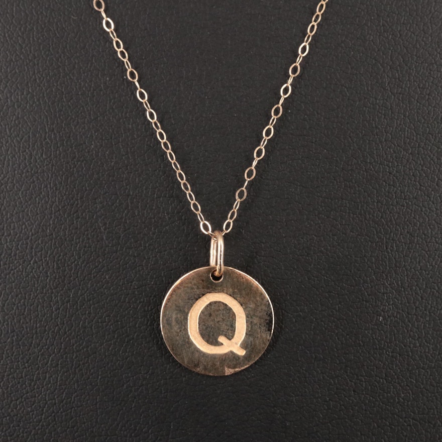 14K Cable Chain Necklace With "Q" Monogramed Pendant