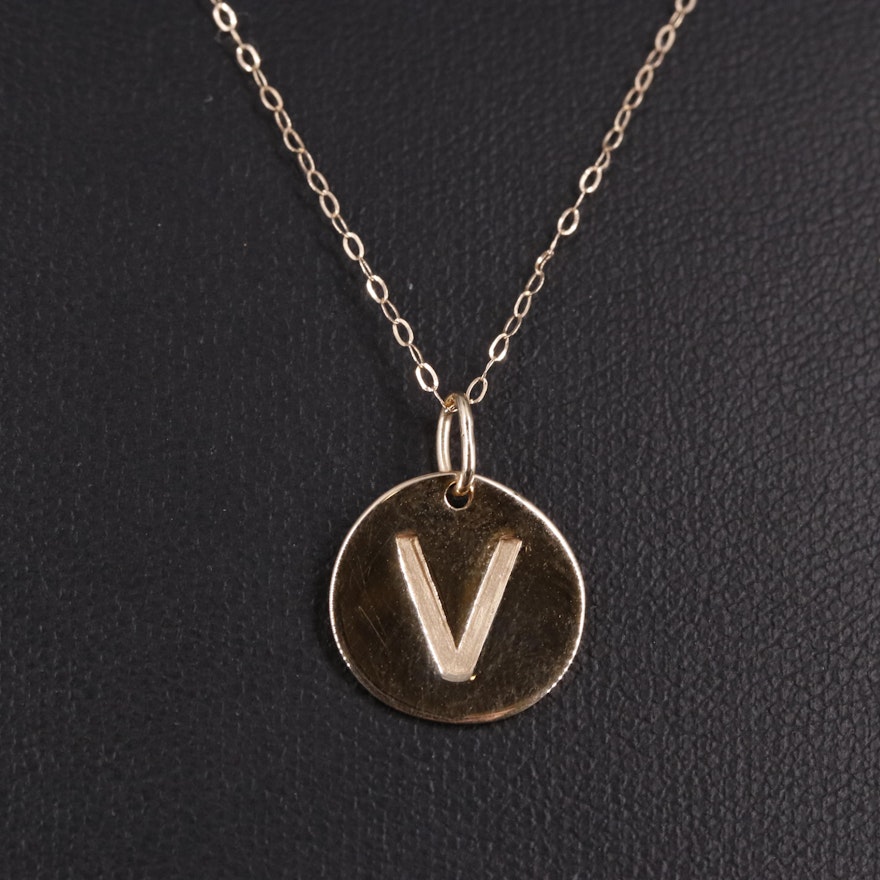 14K Cable Chain Circular "V" Pendant Necklace