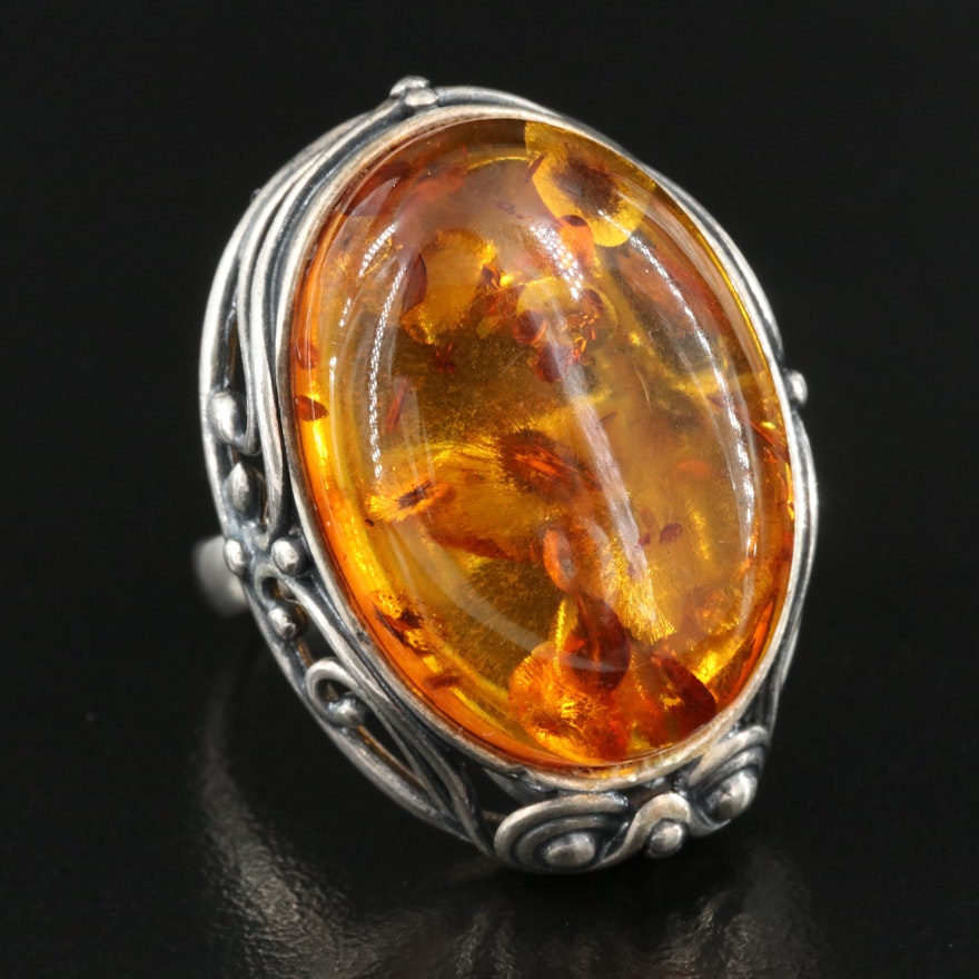 Sterling Amber Ring with Scrollwork Detailing