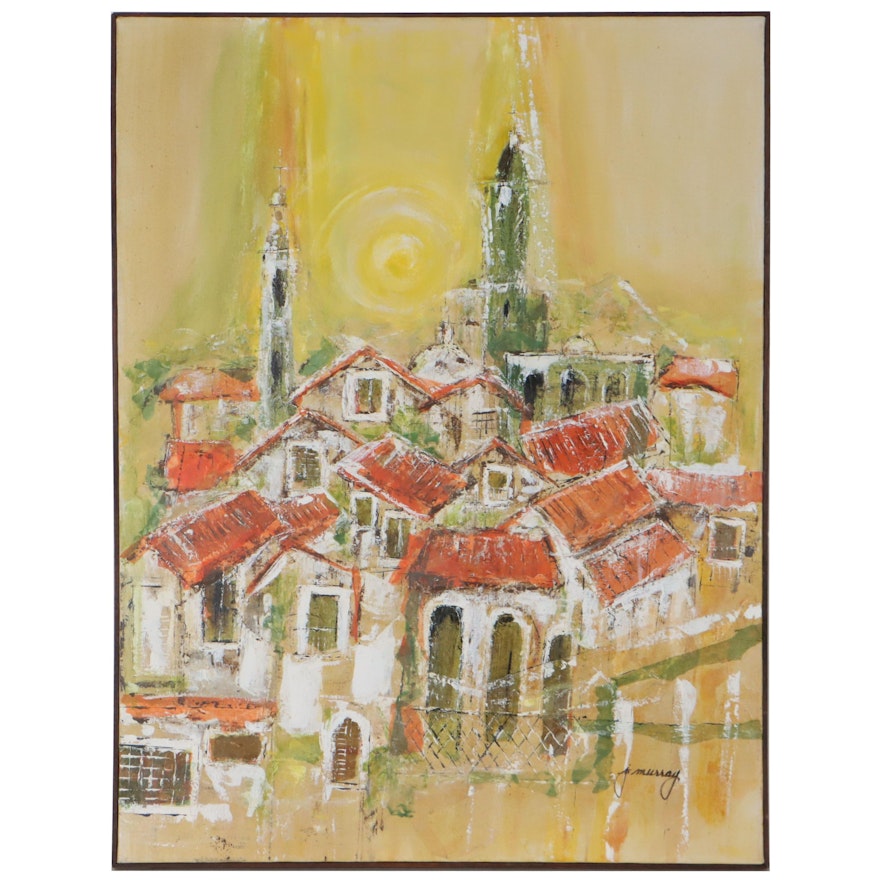 J. Murray Abstract Oil Painting of European City Scene, Late 20th Century