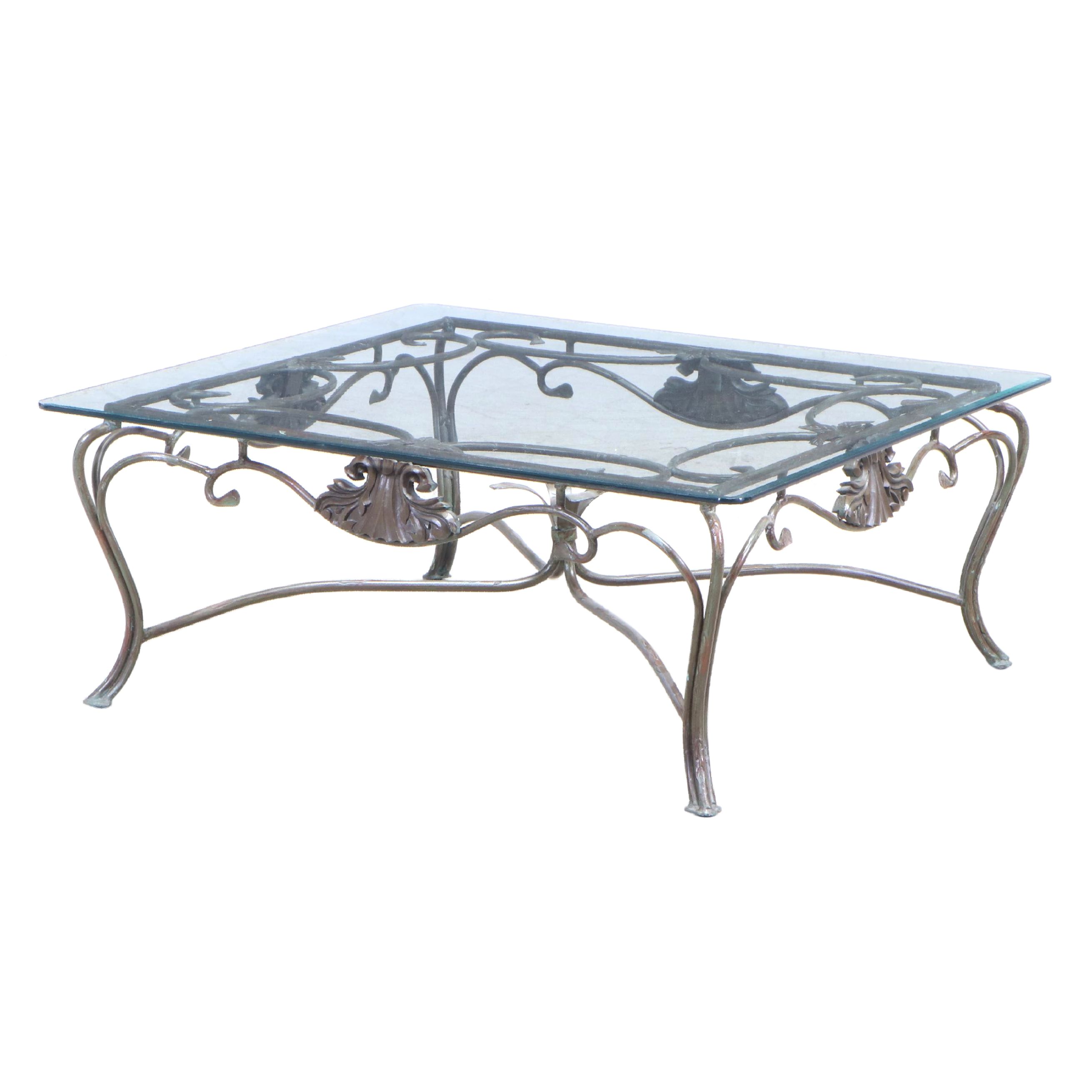 Verdigris-Patinated Iron and Glass Top Coffee Table