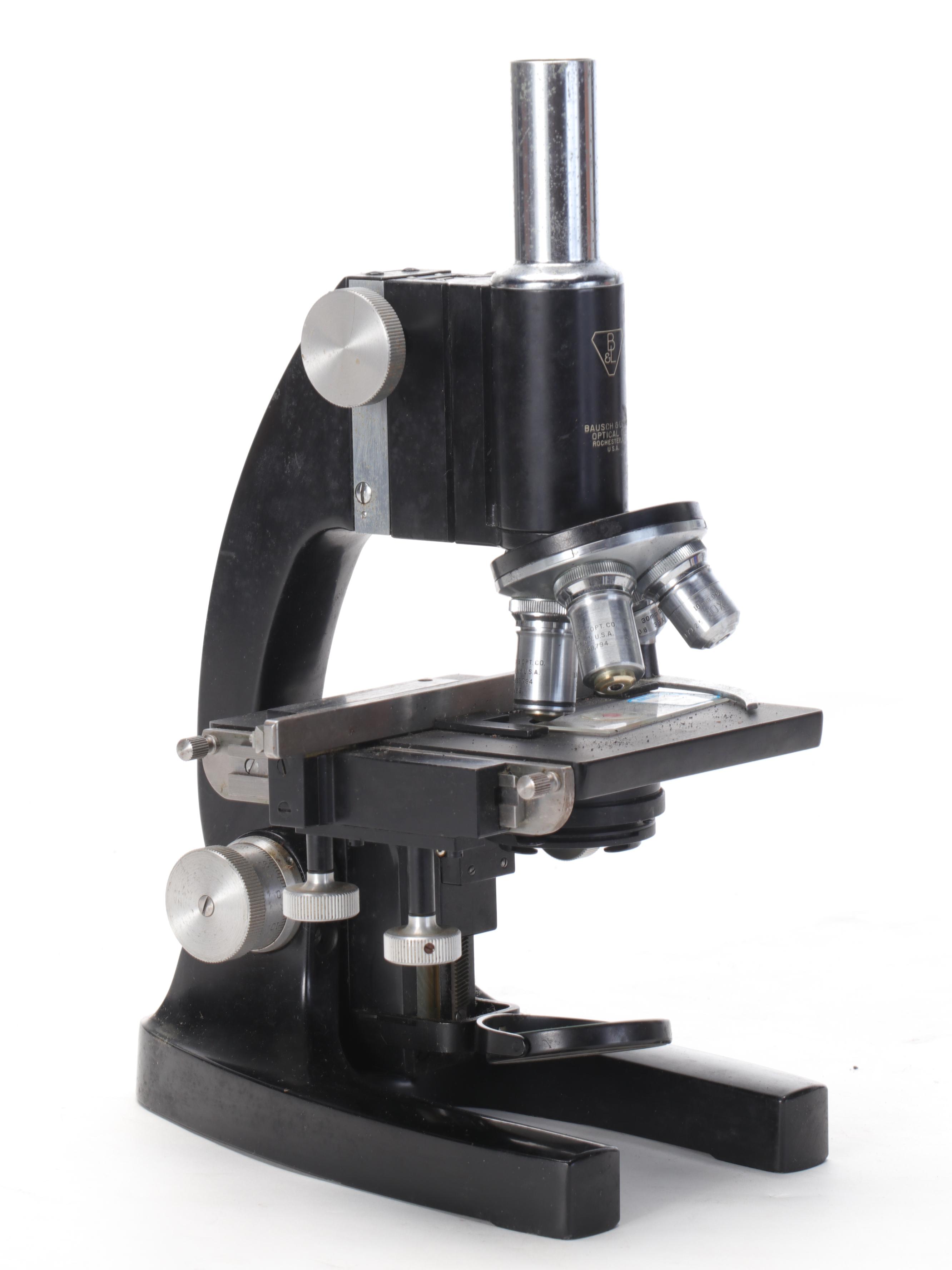 Bausch and Lomb Microscope with Specimen Slides and Wooden Crate