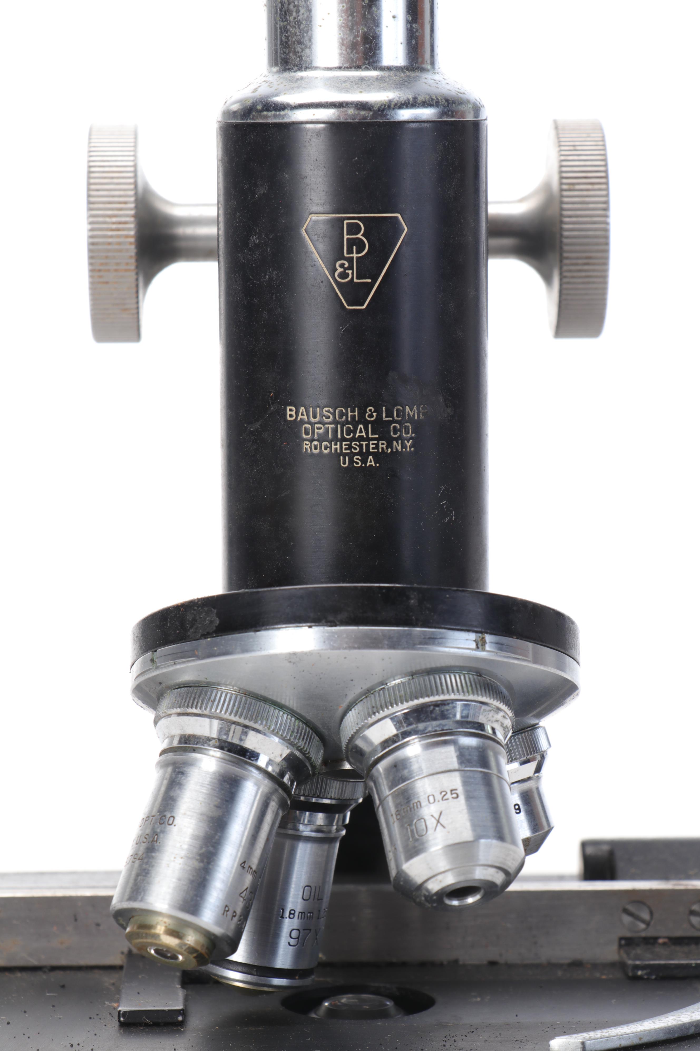 Bausch and Lomb Microscope with Specimen Slides and Wooden Crate