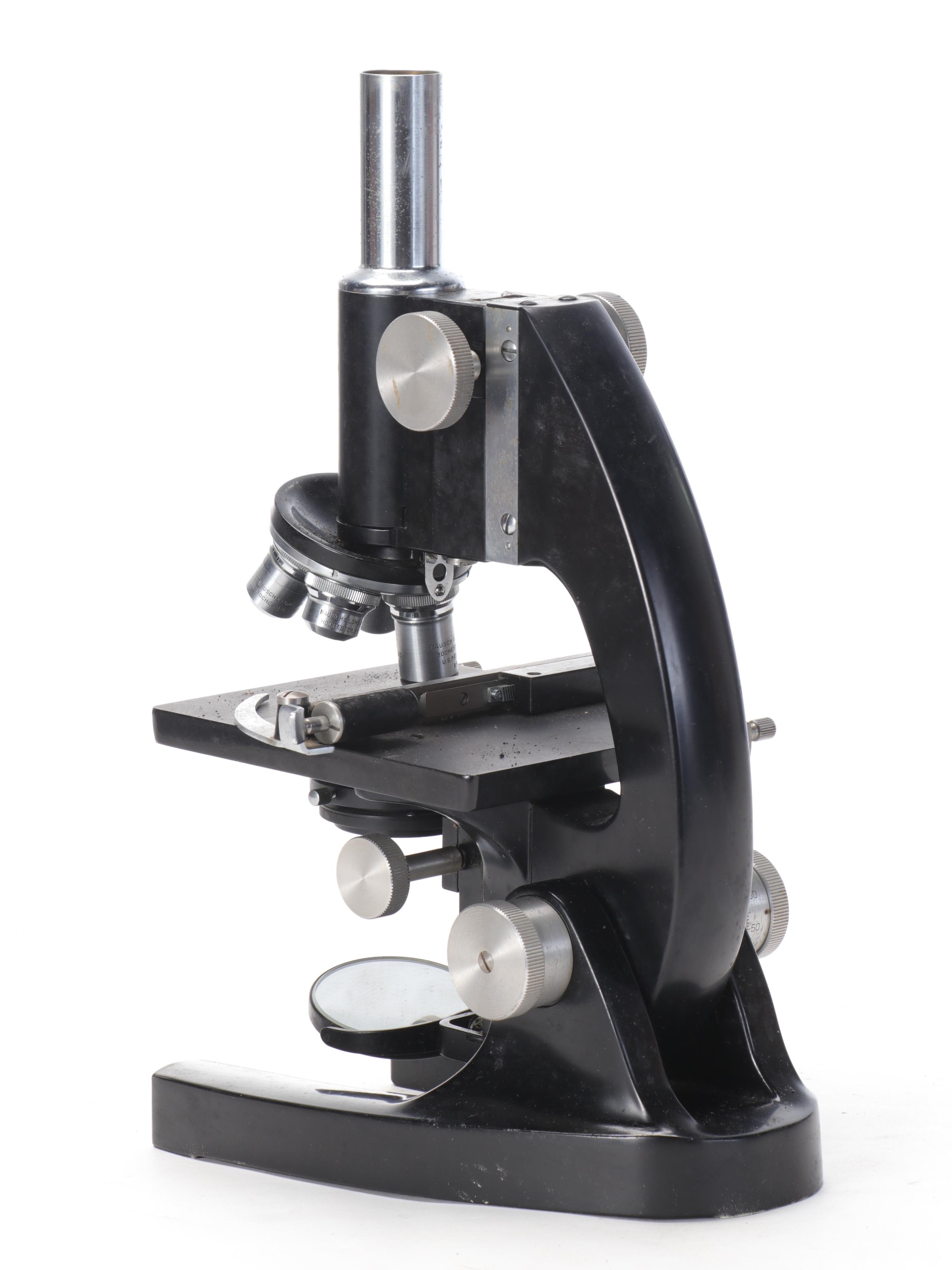 Bausch and Lomb Microscope with Specimen Slides and Wooden Crate