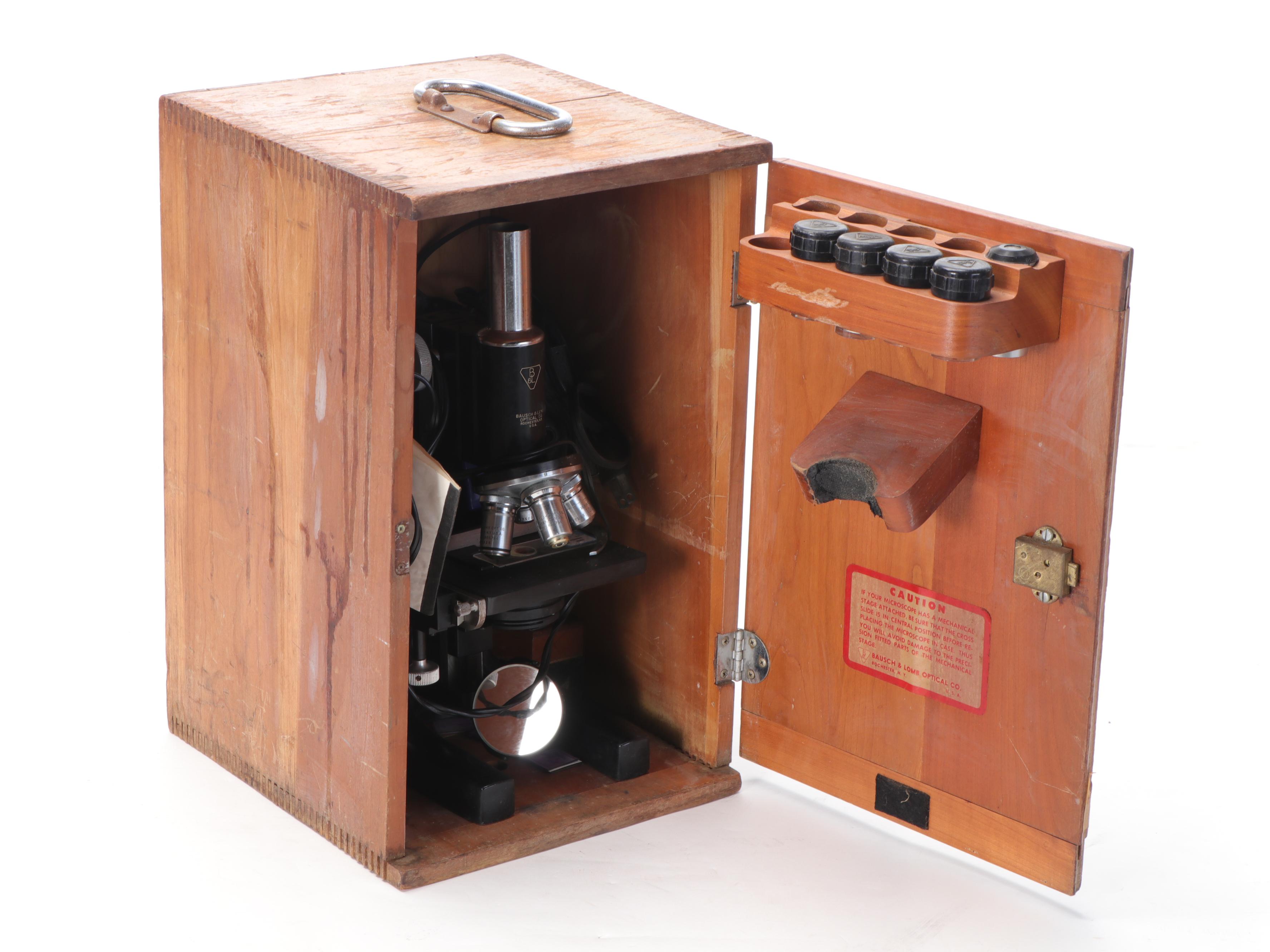 Bausch and Lomb Microscope with Specimen Slides and Wooden Crate