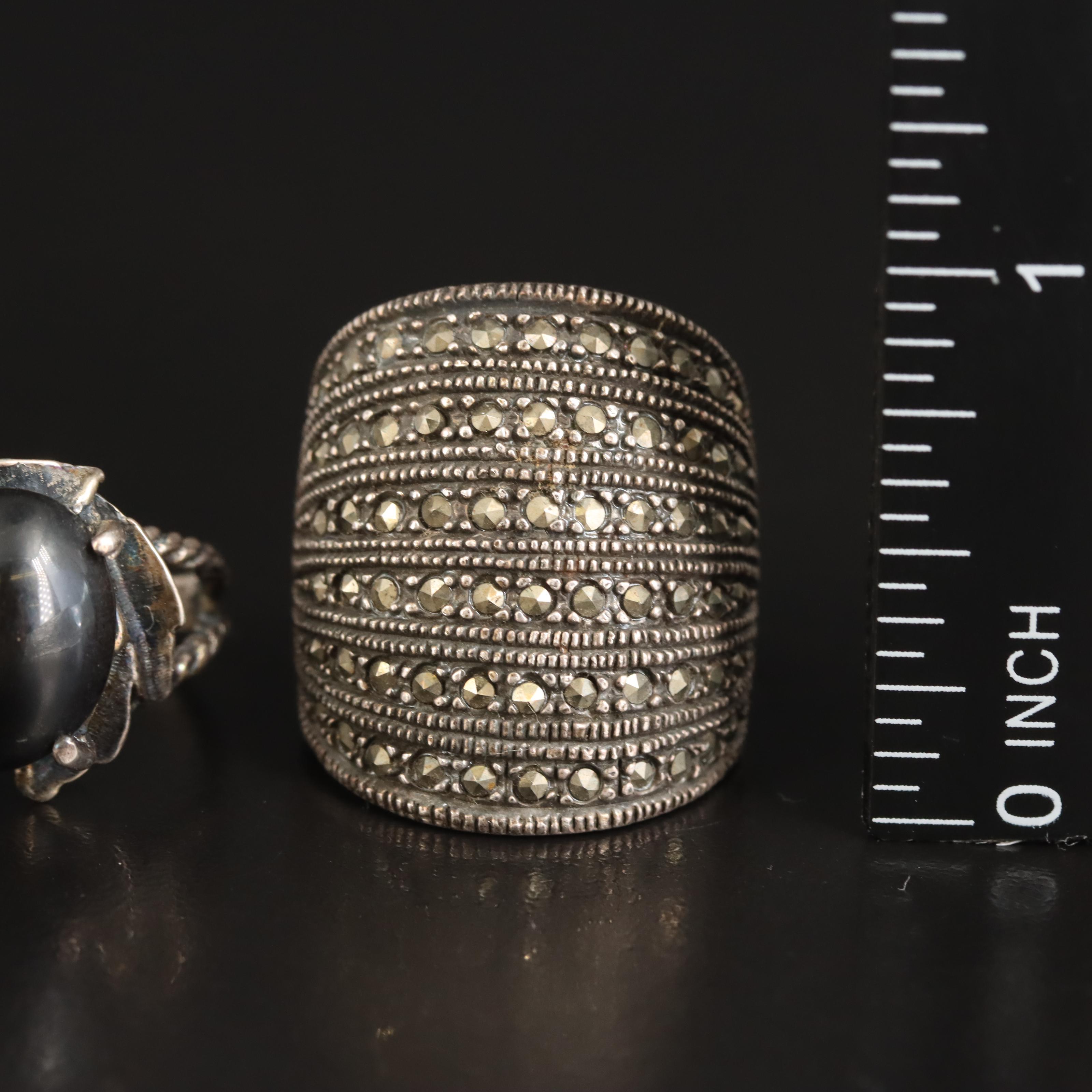 Black Onyx and Marcasite Featured in Sterling Rings