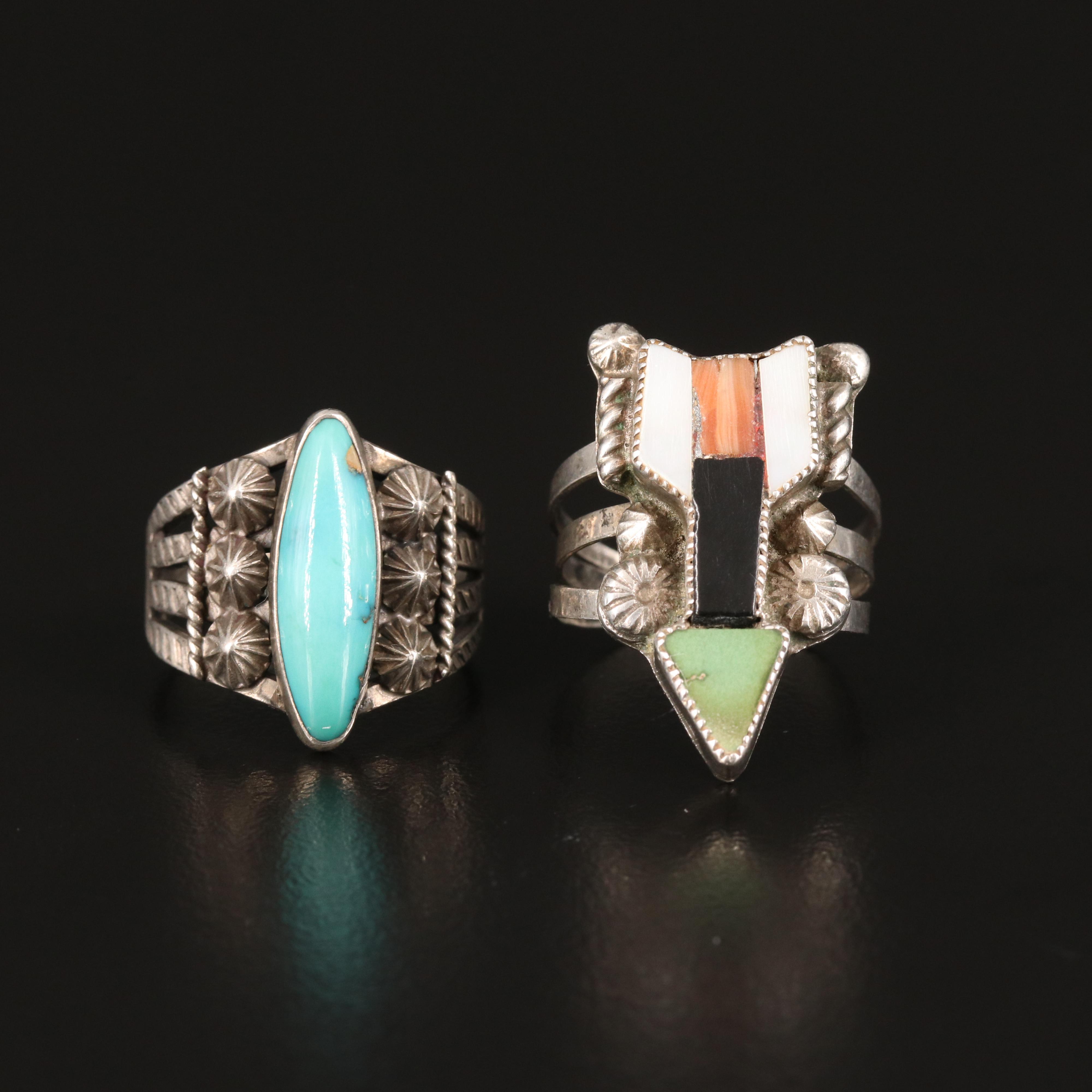 Southwestern Sterling Turquoise, Black Onyx, and Coral Rings