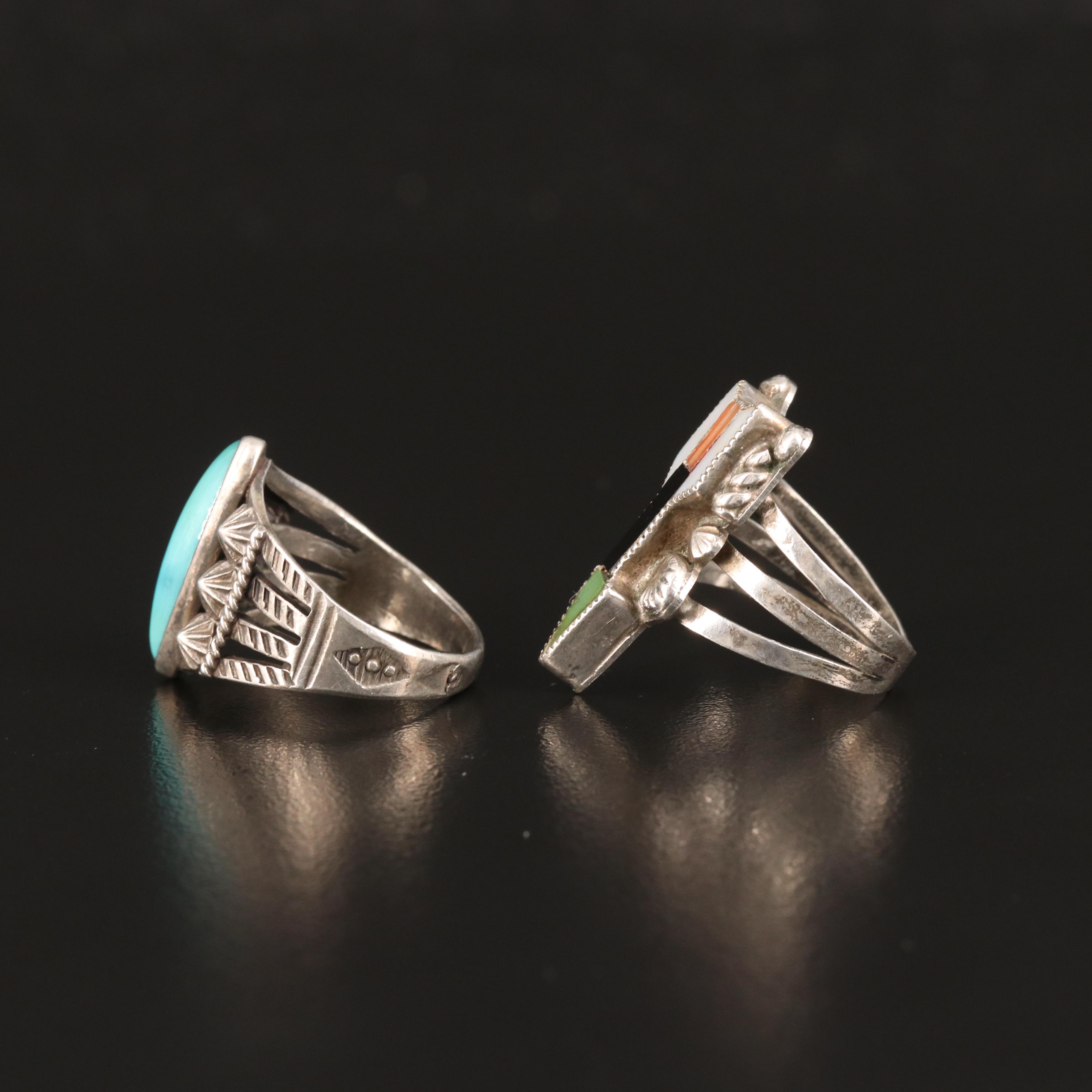 Southwestern Sterling Turquoise, Black Onyx, and Coral Rings