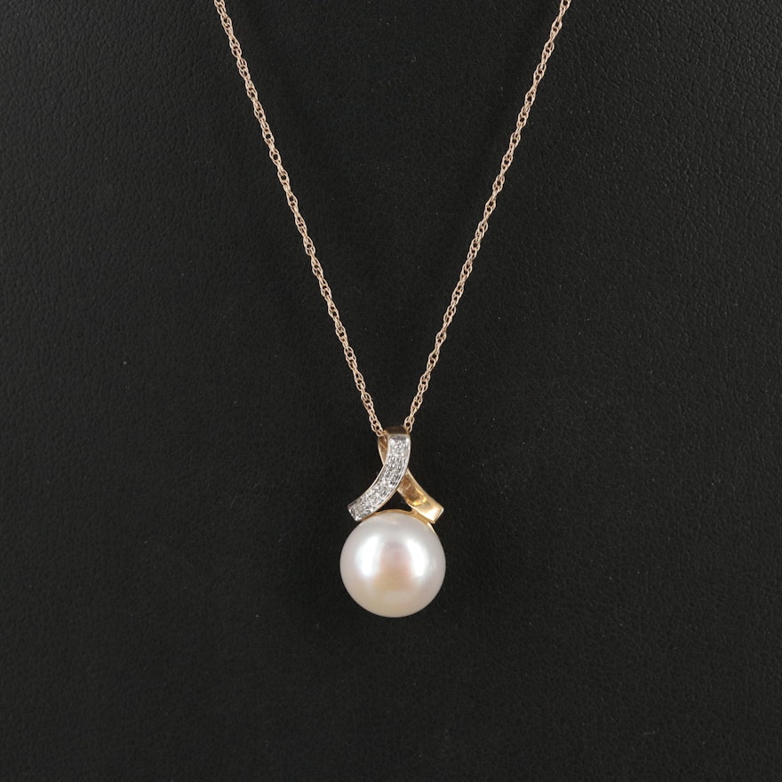 14K Pearl and Diamond Pendant Necklace