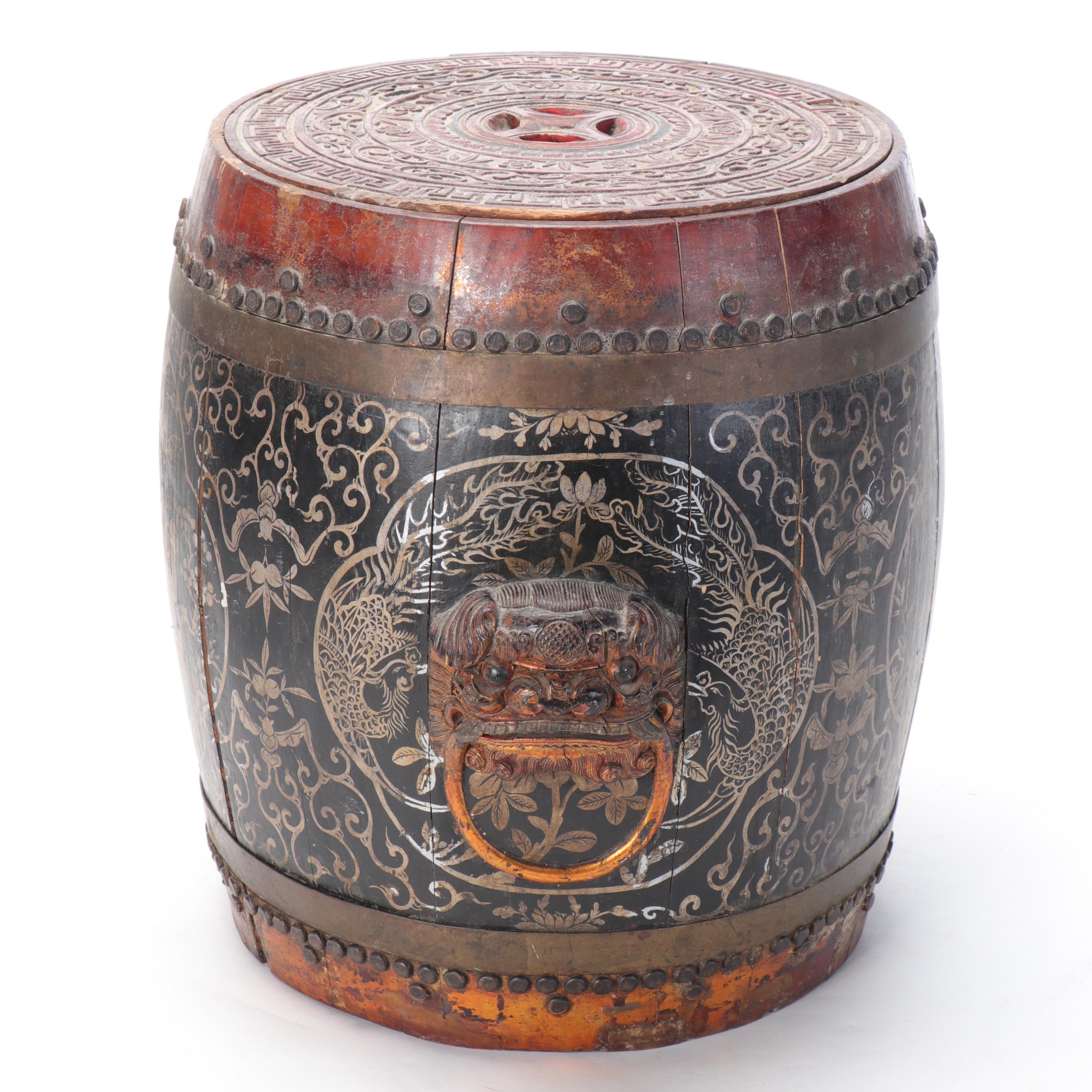 Chinese Hand-Painted Lacquerware Staved Wood Rice Barrel