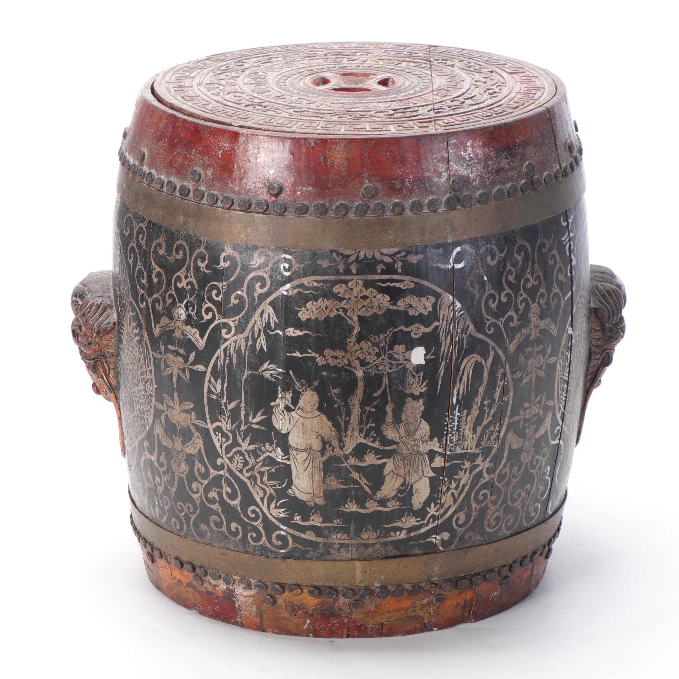 Chinese Hand-Painted Lacquerware Staved Wood Rice Barrel