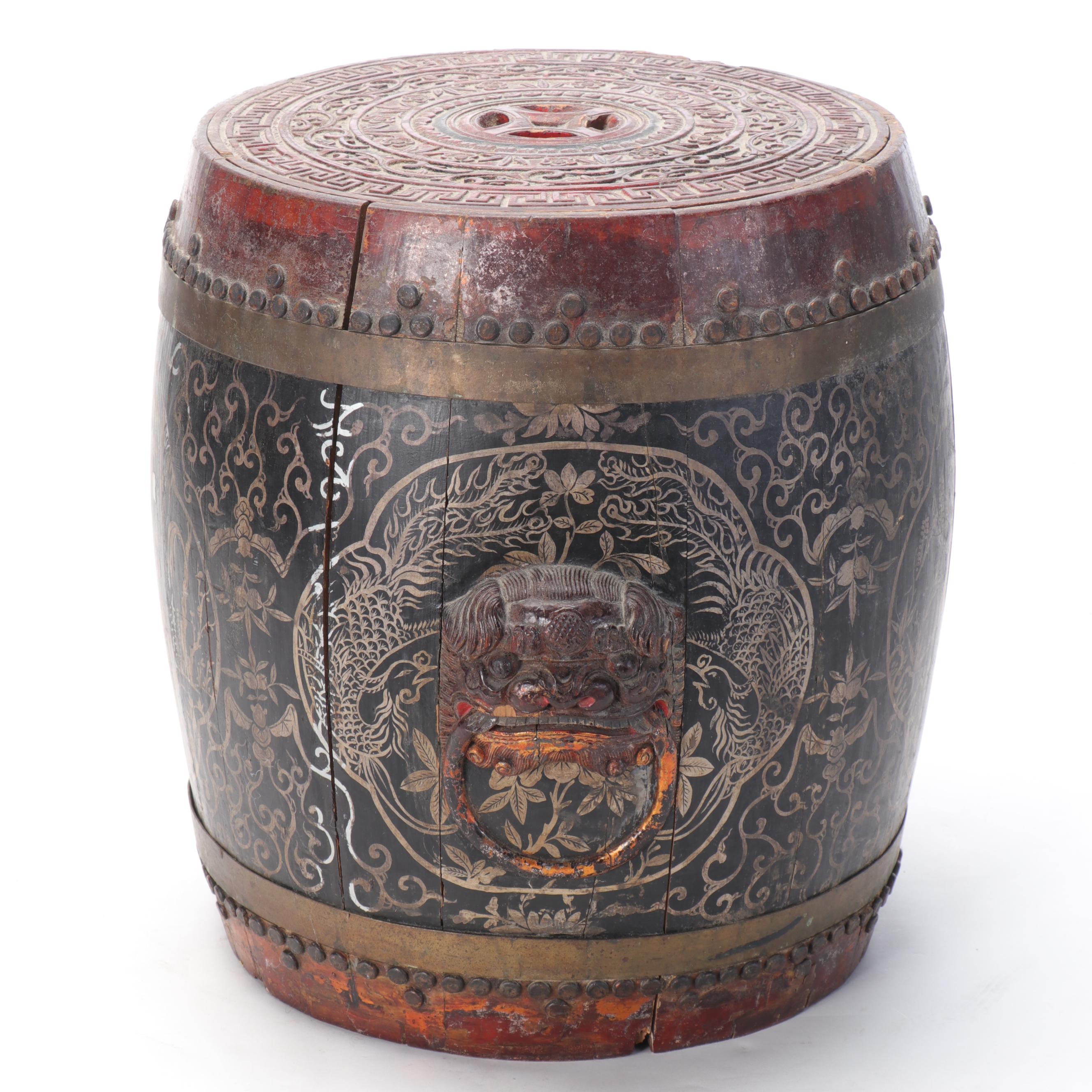Chinese Hand-Painted Lacquerware Staved Wood Rice Barrel