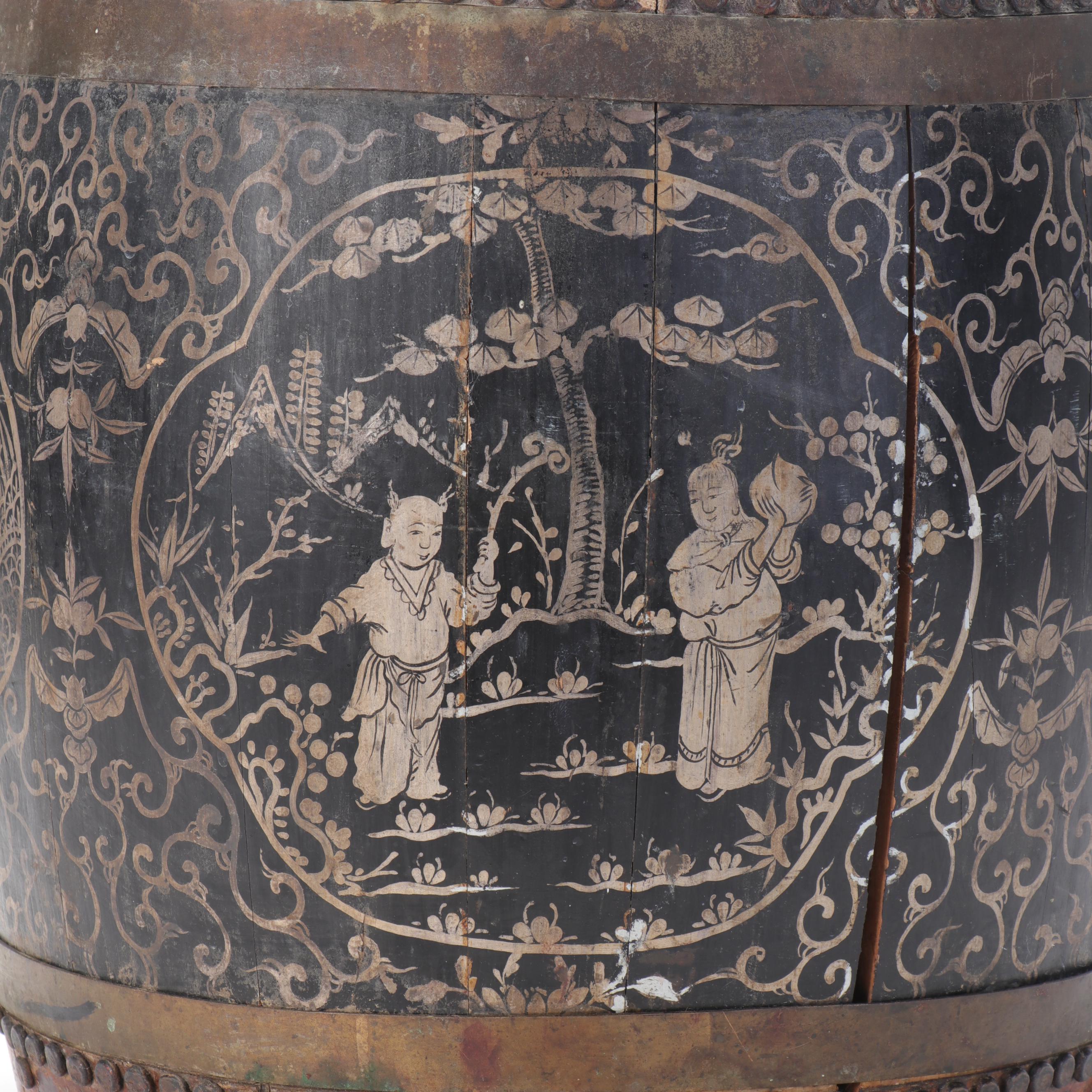 Chinese Hand-Painted Lacquerware Staved Wood Rice Barrel