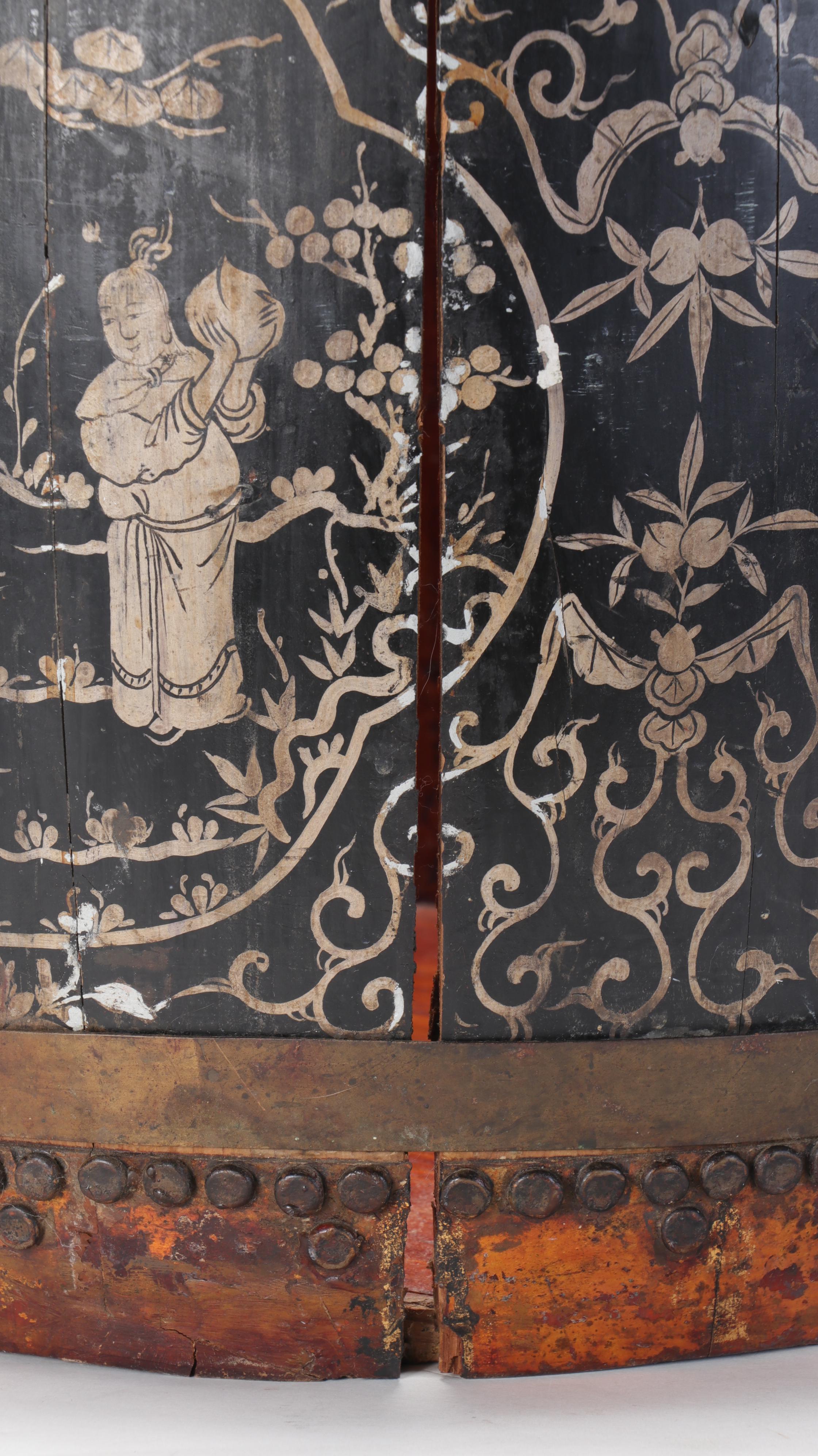 Chinese Hand-Painted Lacquerware Staved Wood Rice Barrel