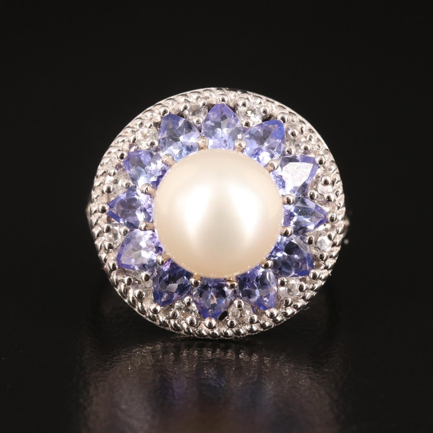 Sterling Pearl Ring with Tanzanite and Topaz Halo