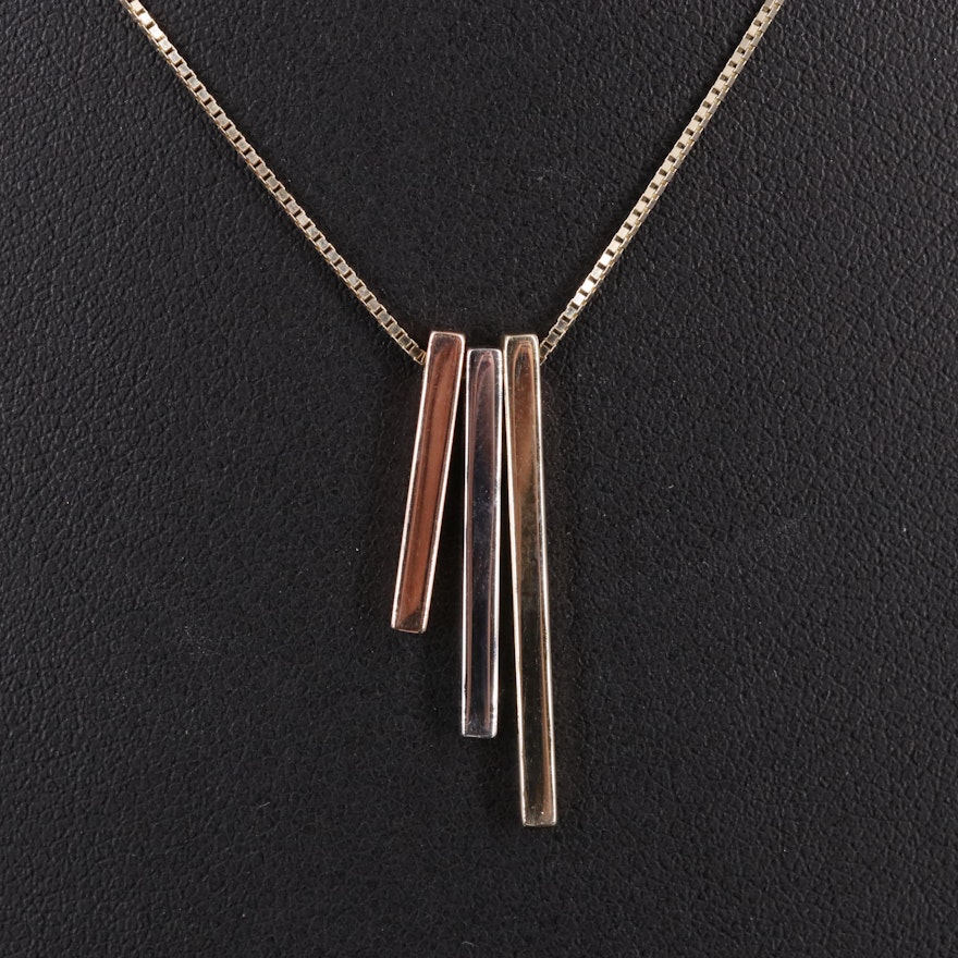 14K Box Chain Necklace With Tri-Tone Pendant