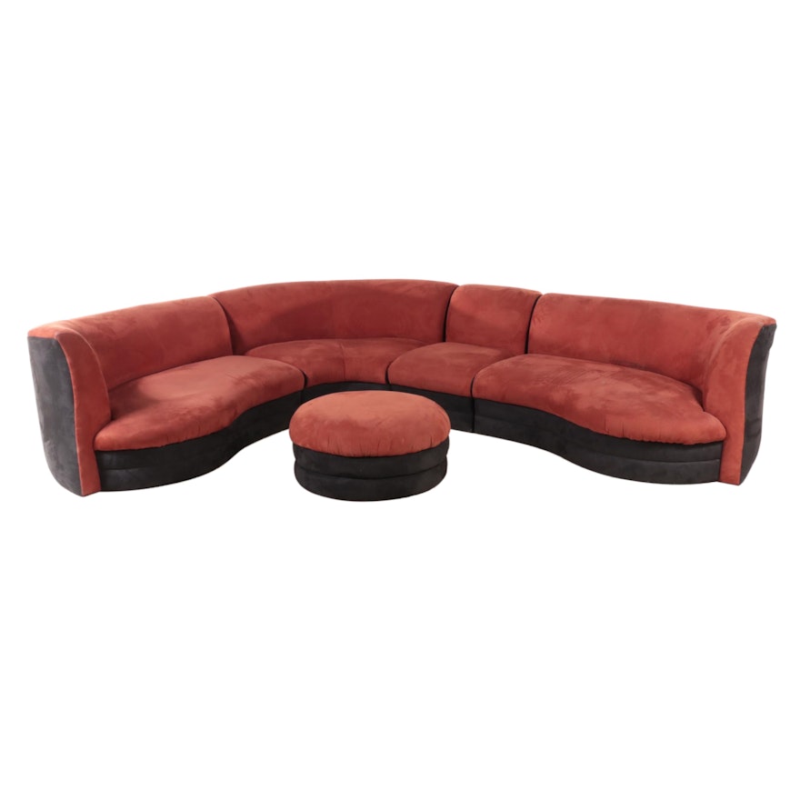 Suede Leather Five-Piece Sectional Sofa in Rust and Black