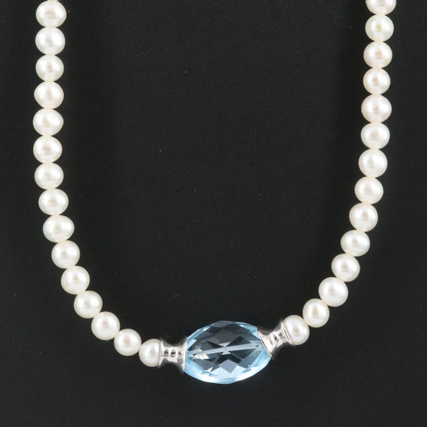 Sterling Pearl and Swiss Blue Topaz Necklace