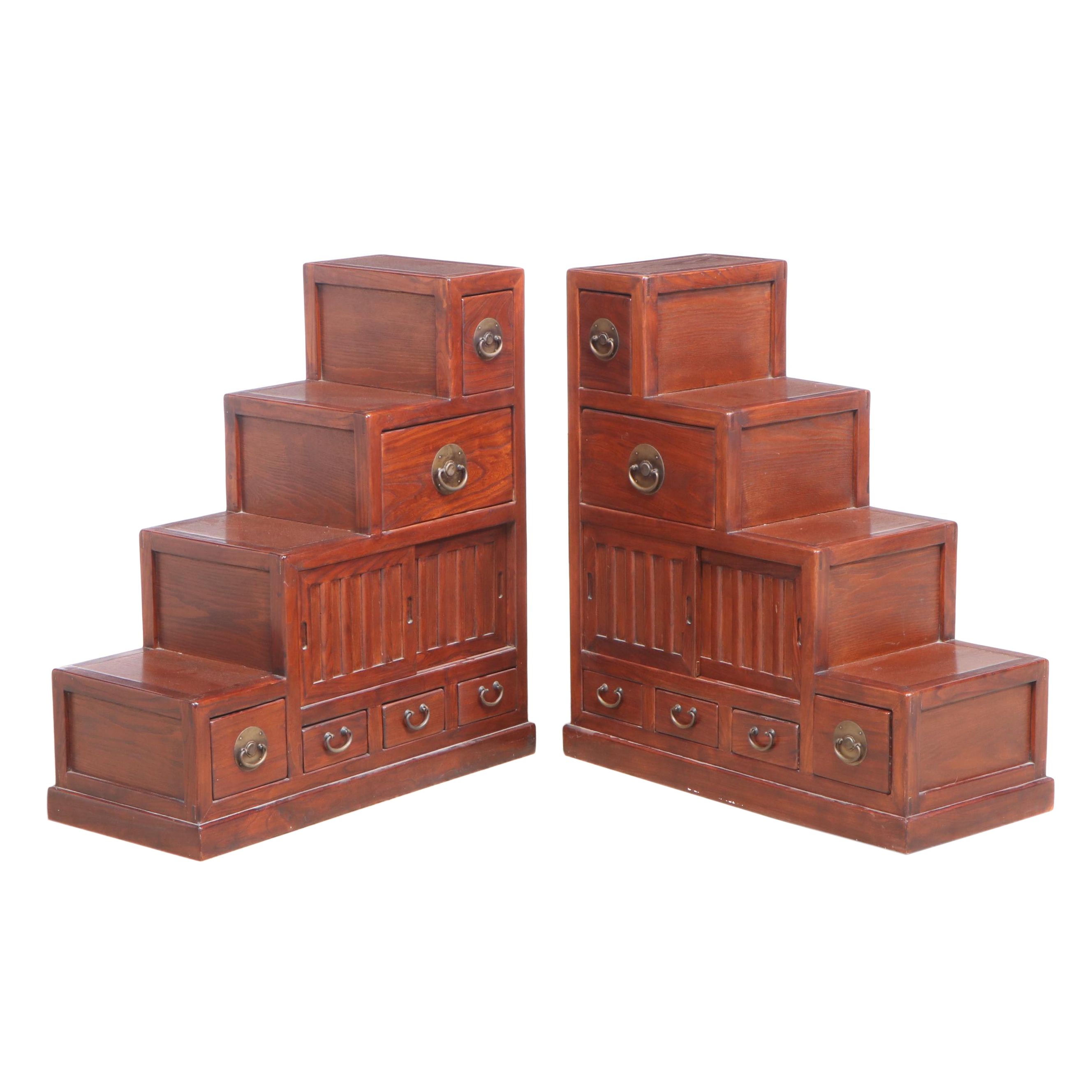 Two Japanese Elm Four-Step Tansu Chests