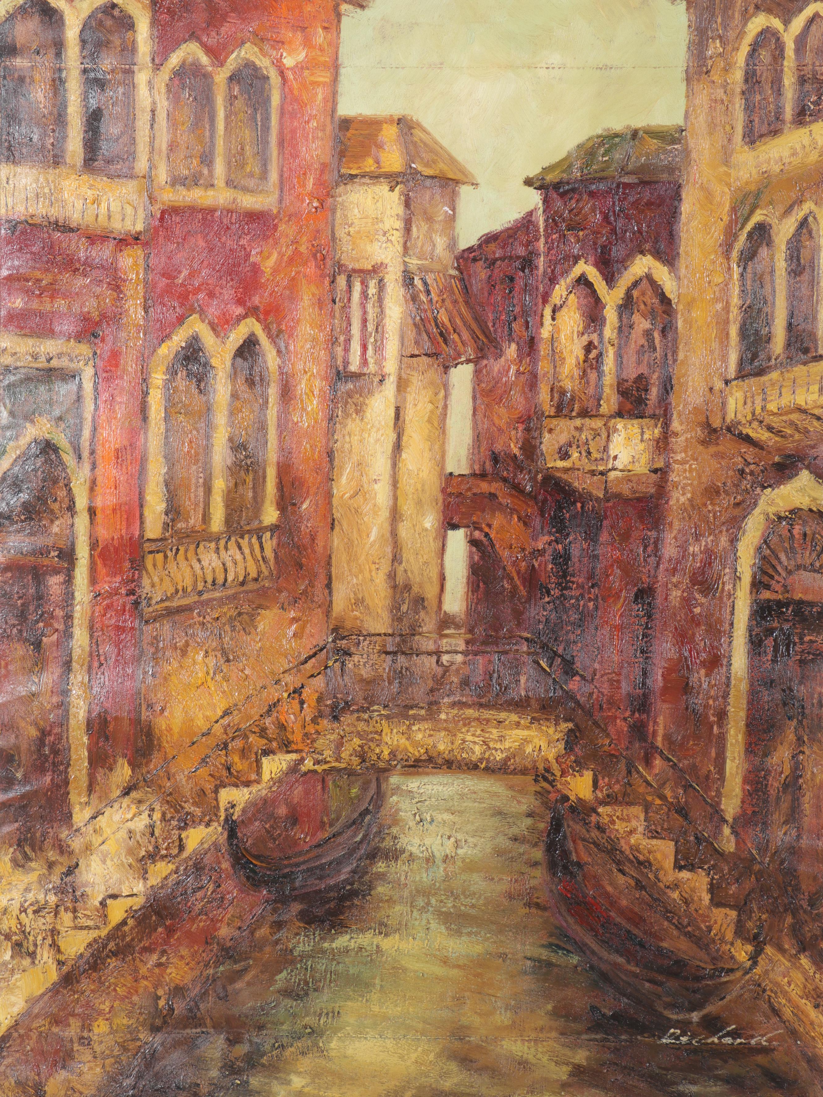 Richard Oil Paintings of European Canal Scenes, Late 20th Century