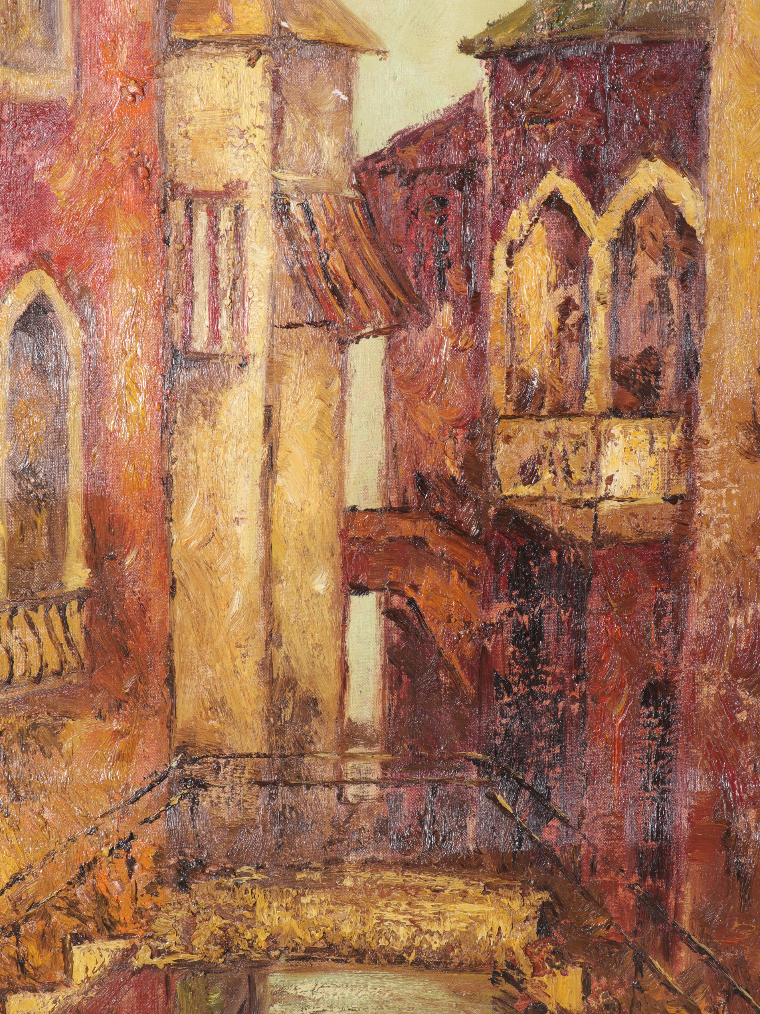 Richard Oil Paintings of European Canal Scenes, Late 20th Century