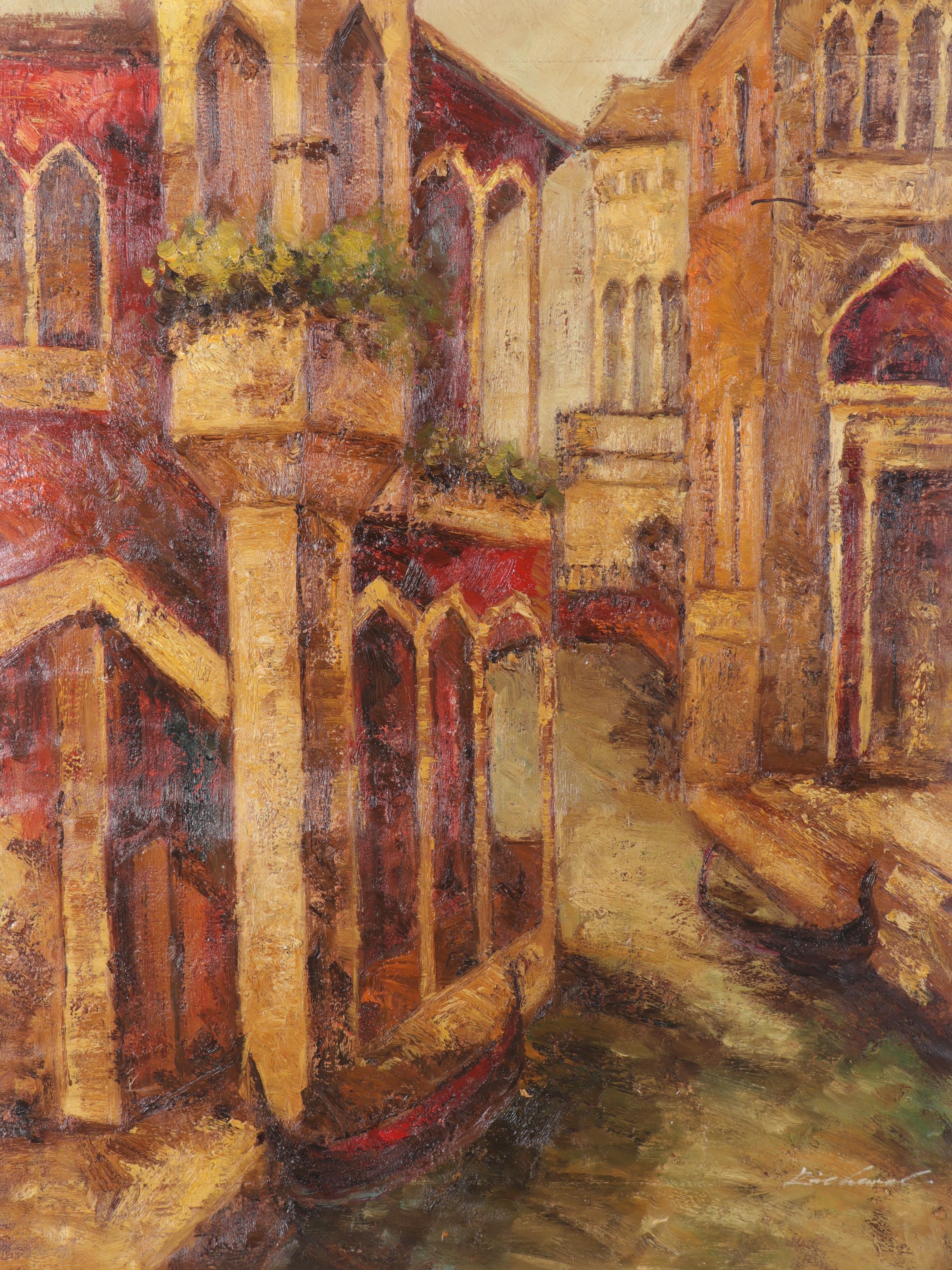 Richard Oil Paintings of European Canal Scenes, Late 20th Century