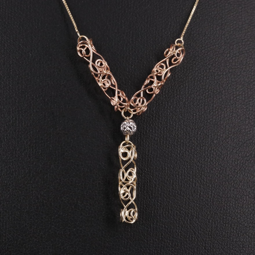 14K Box Chain Necklace With Stationary Tri-Tone Openwork Pendant