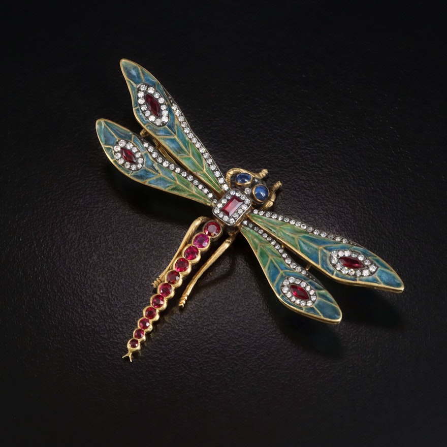 18K Plique-à-jour Dragonfly Pin with Rubies, Sapphires, Diamonds and GIA Report