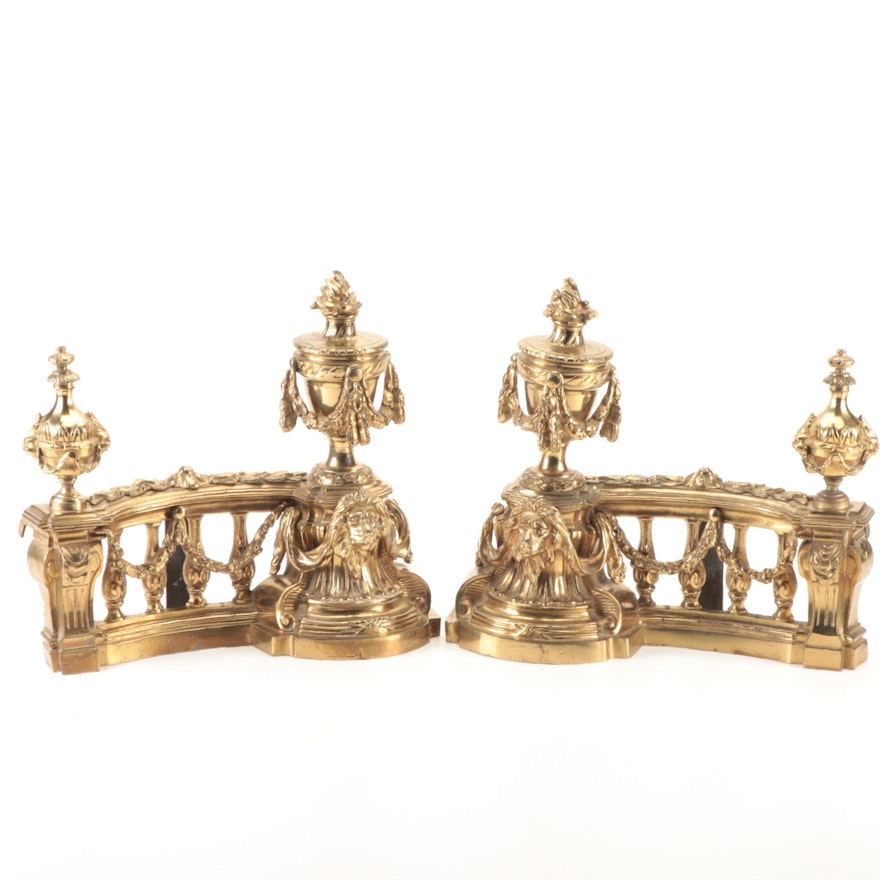 French Empire Style Gilt Brass Chenet Andirons,  Late 19th Century