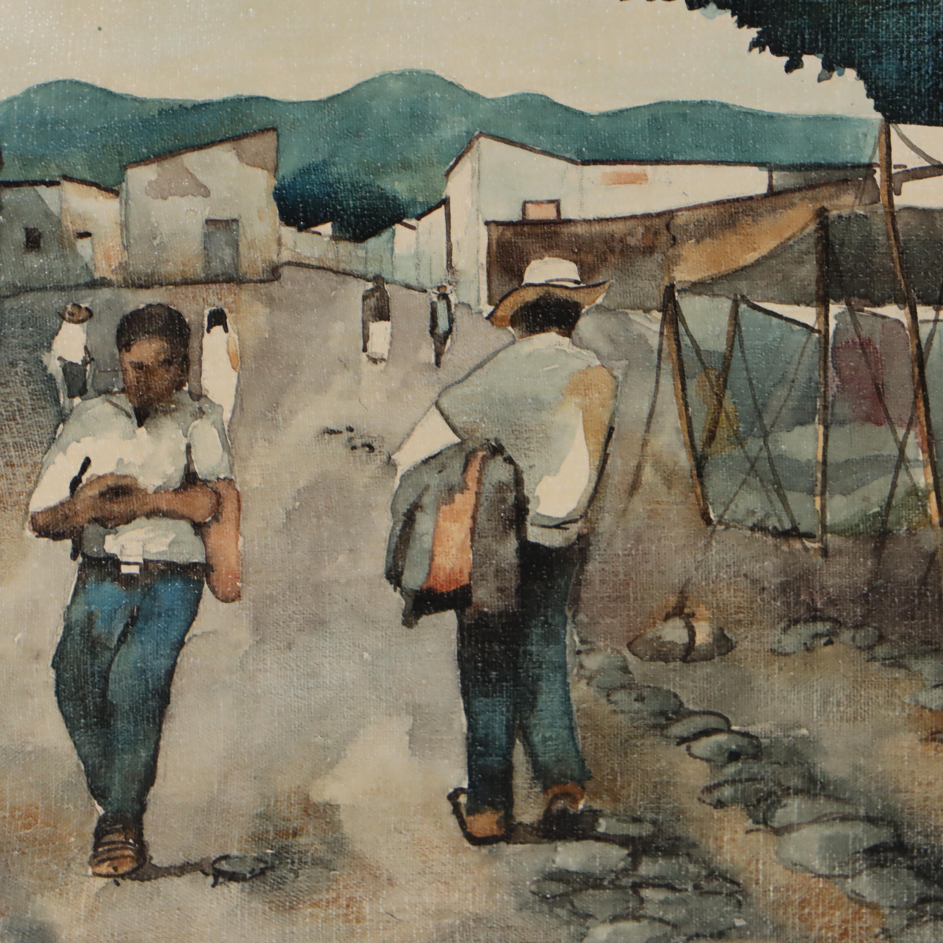 Juan Ramírez Garcia Mexican Market Scene Watercolor Painting