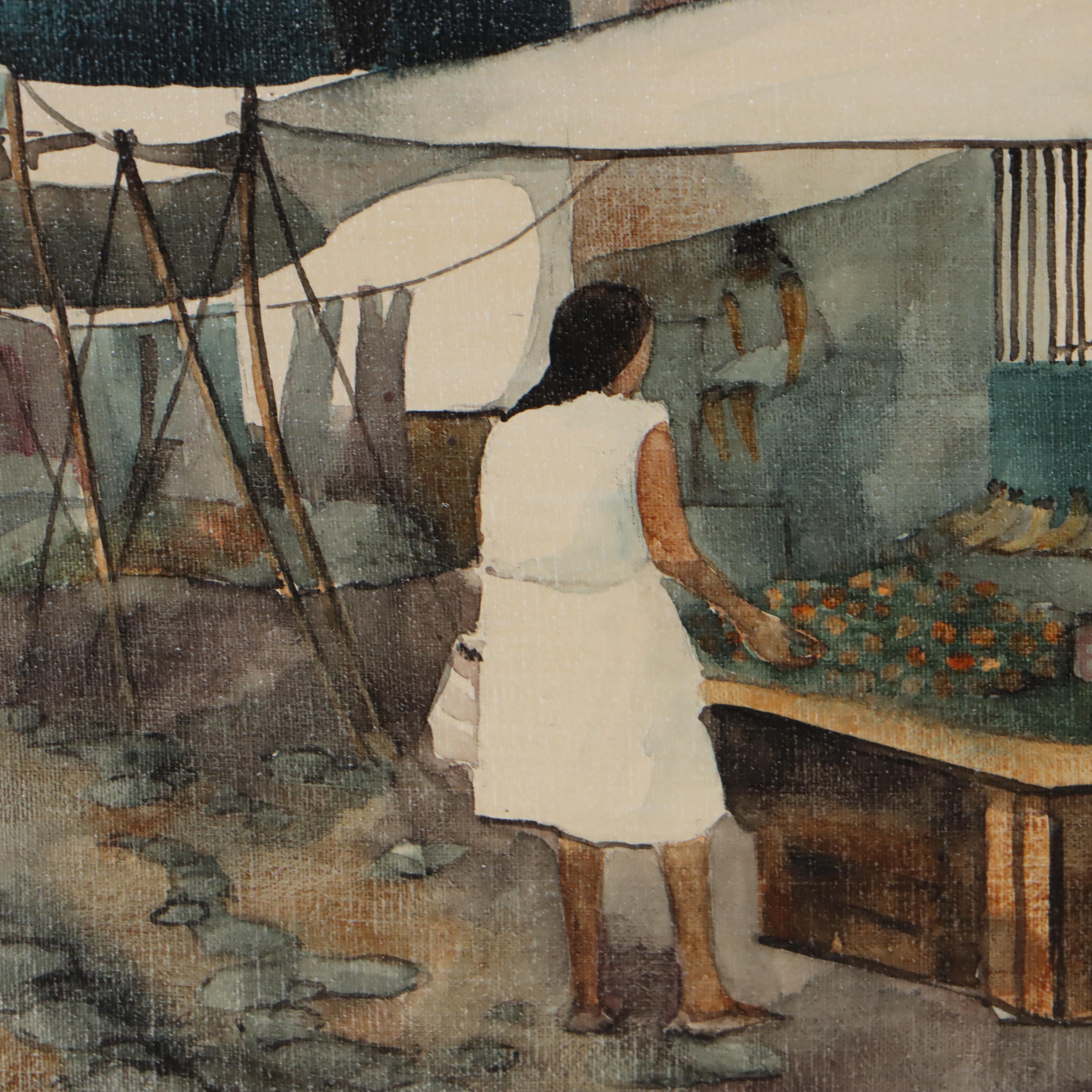 Juan Ramírez Garcia Mexican Market Scene Watercolor Painting