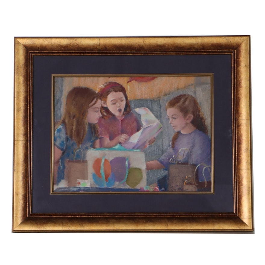 Sally Tieke Pastel Drawing of Girls at Birthday Party