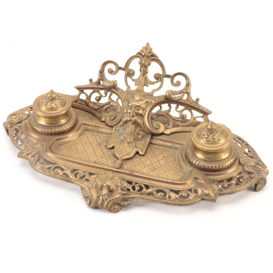 Victorian Brass Renaissance Style Double Inkwell, Late 19th or Early 20th C