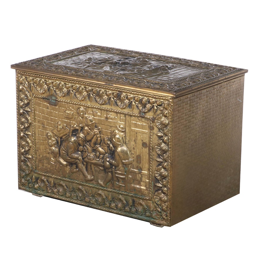 Repoussé Brass-over-Wood Kindling Box with Tavern Scenes, Early 20th Century