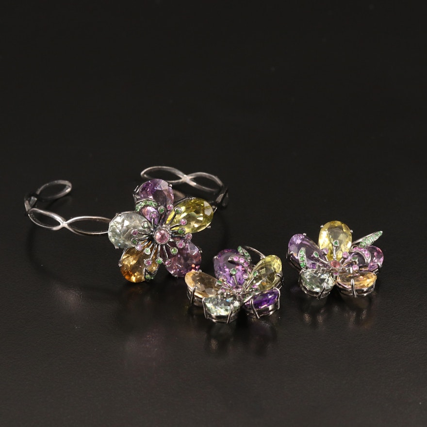 Sterling Citrine, Amethyst, and Prasiolite Bracelet and Earring Set