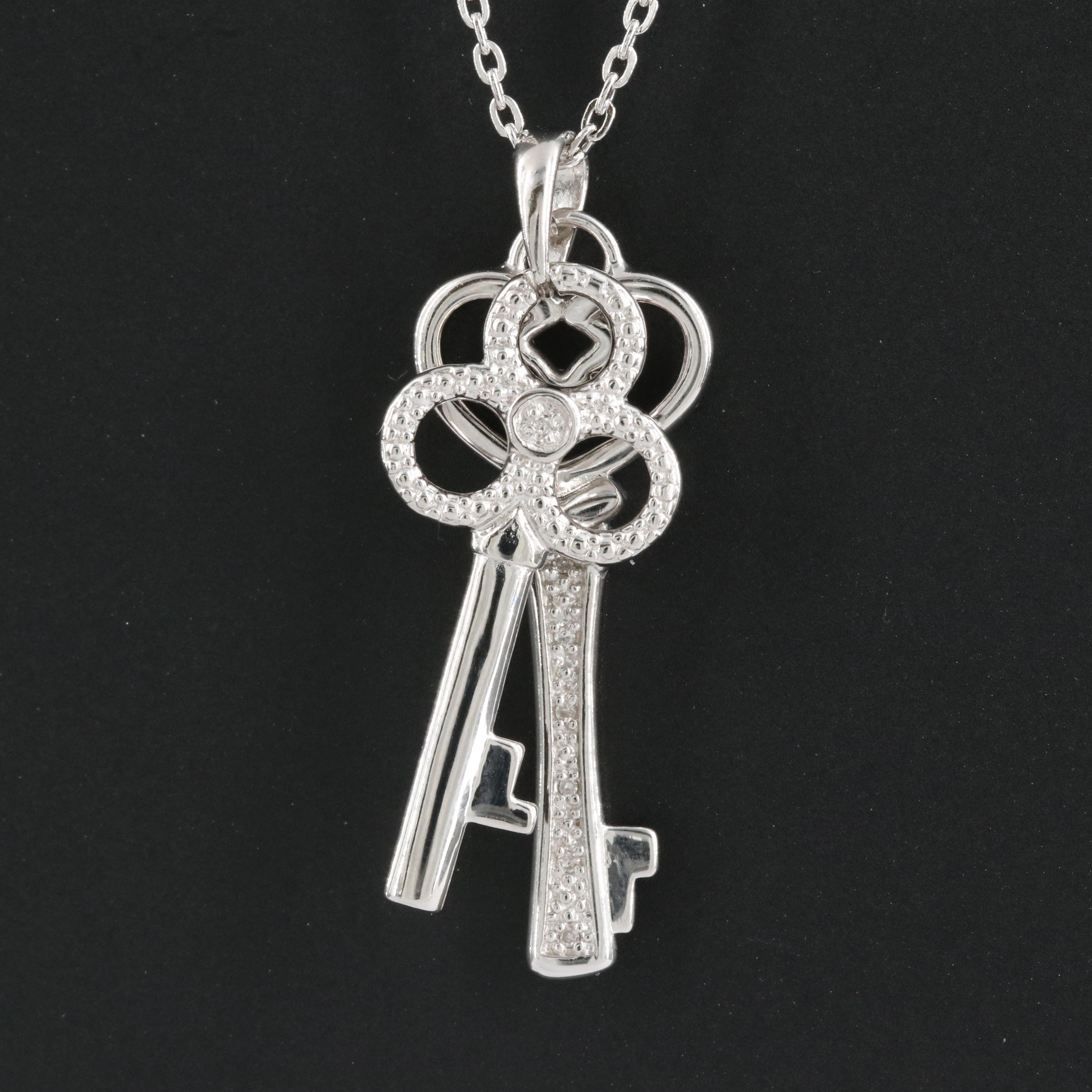 Sterling Diamond Double Key Pendant Necklace