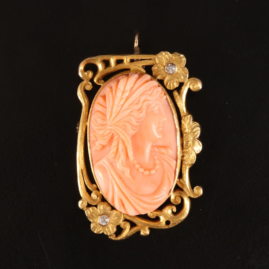 Lottie A. Dunn 14K Coral and Diamond Cameo Converter Brooch