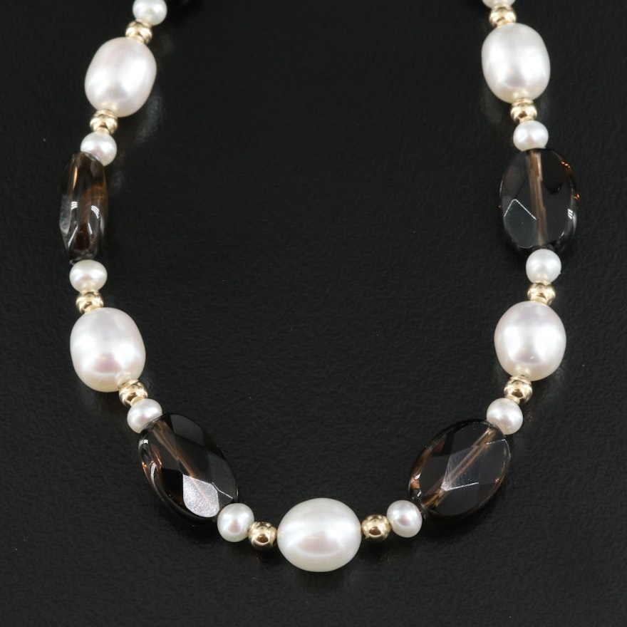 14K Cultured Pearl and Smoky Quartz Beaded Necklace