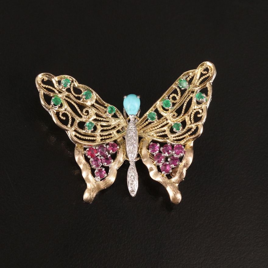 14K Diamond, Ruby, Emerald, and Turquoise Openwork Butterfly Brooch