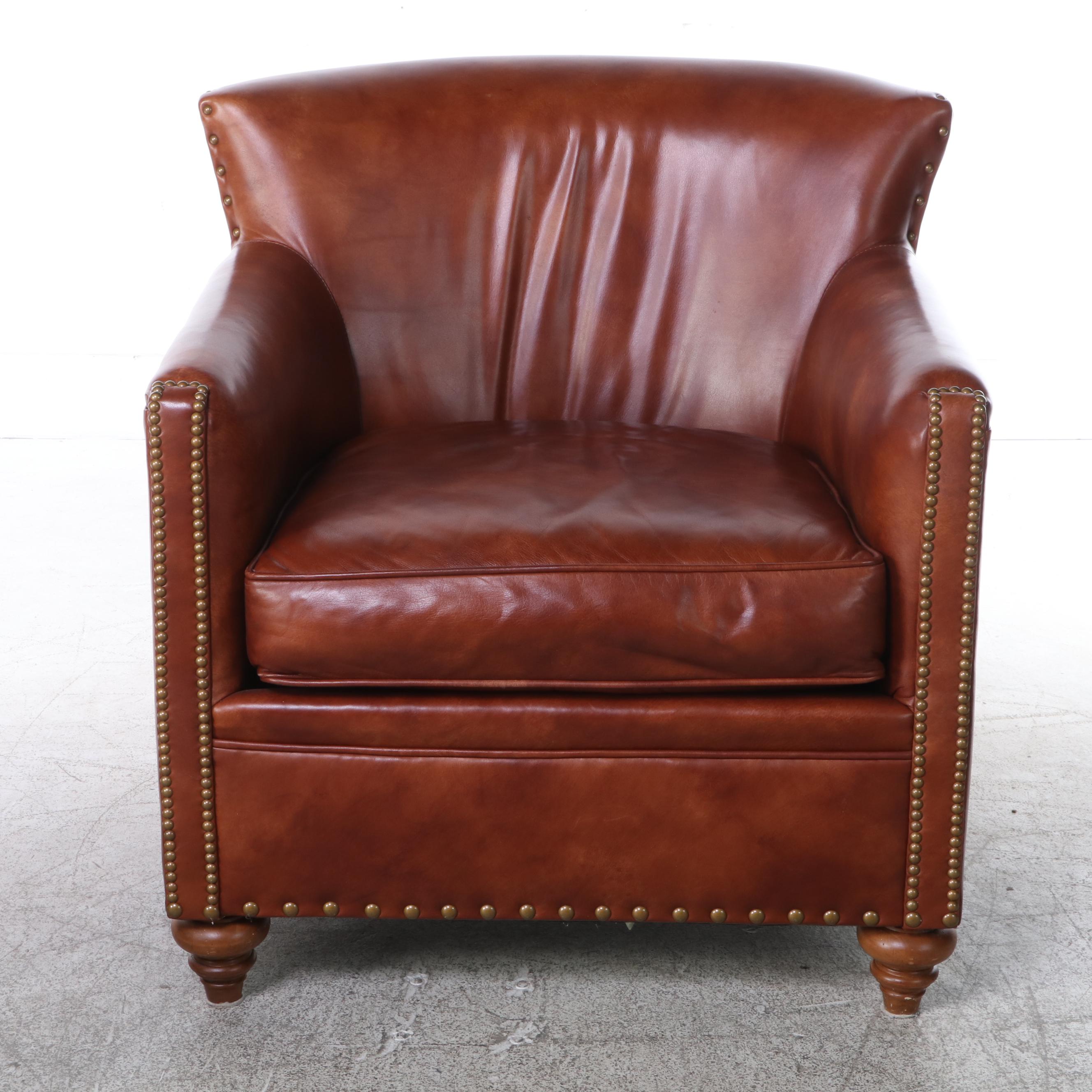 Century Leather and Brass-Tacked Armchair and Leathercraft Ottoman