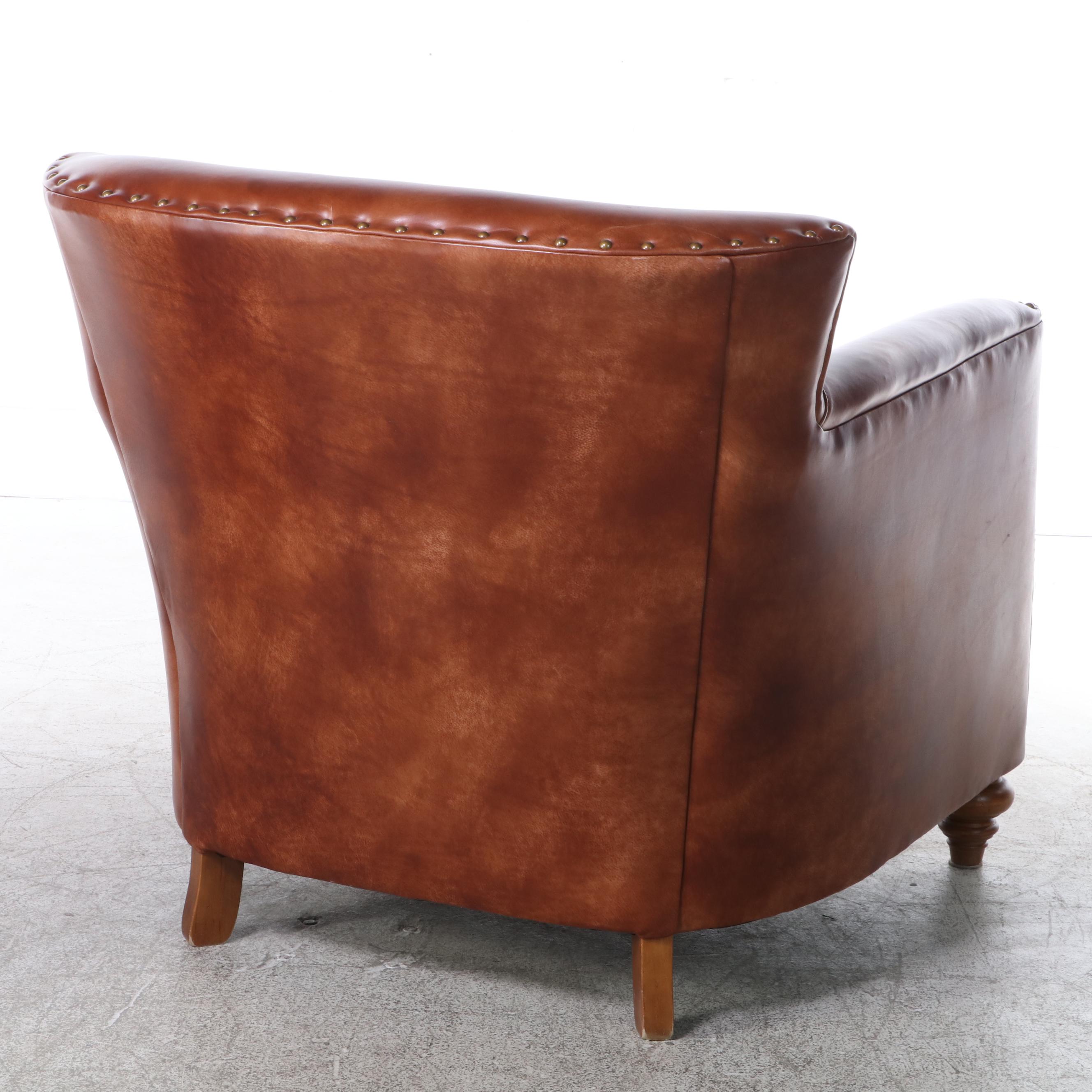 Century Leather and Brass-Tacked Armchair and Leathercraft Ottoman