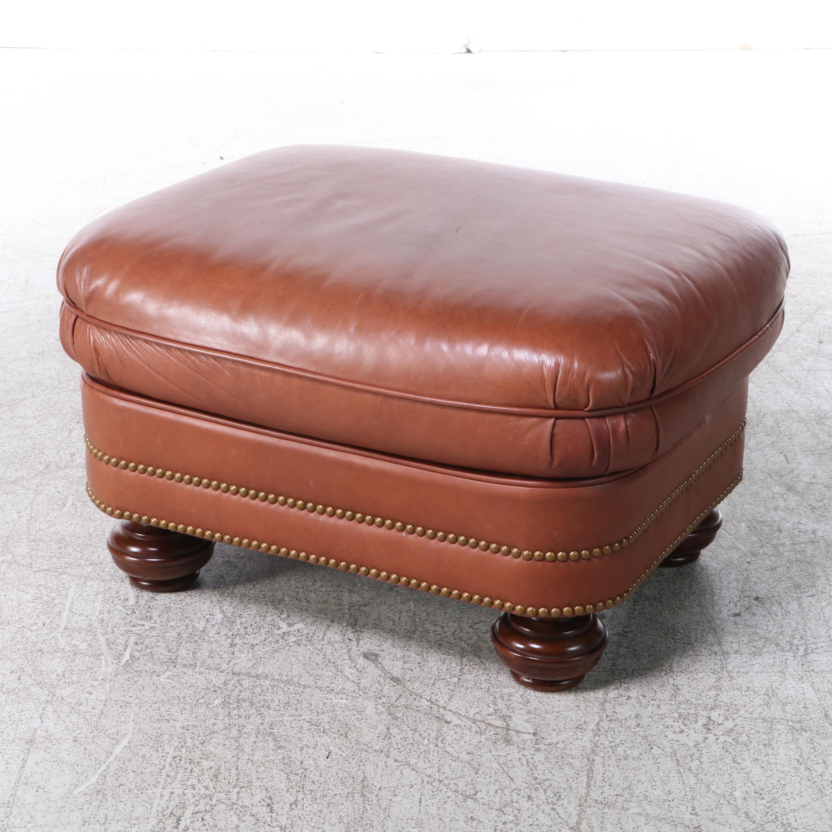 Century Leather and Brass-Tacked Armchair and Leathercraft Ottoman