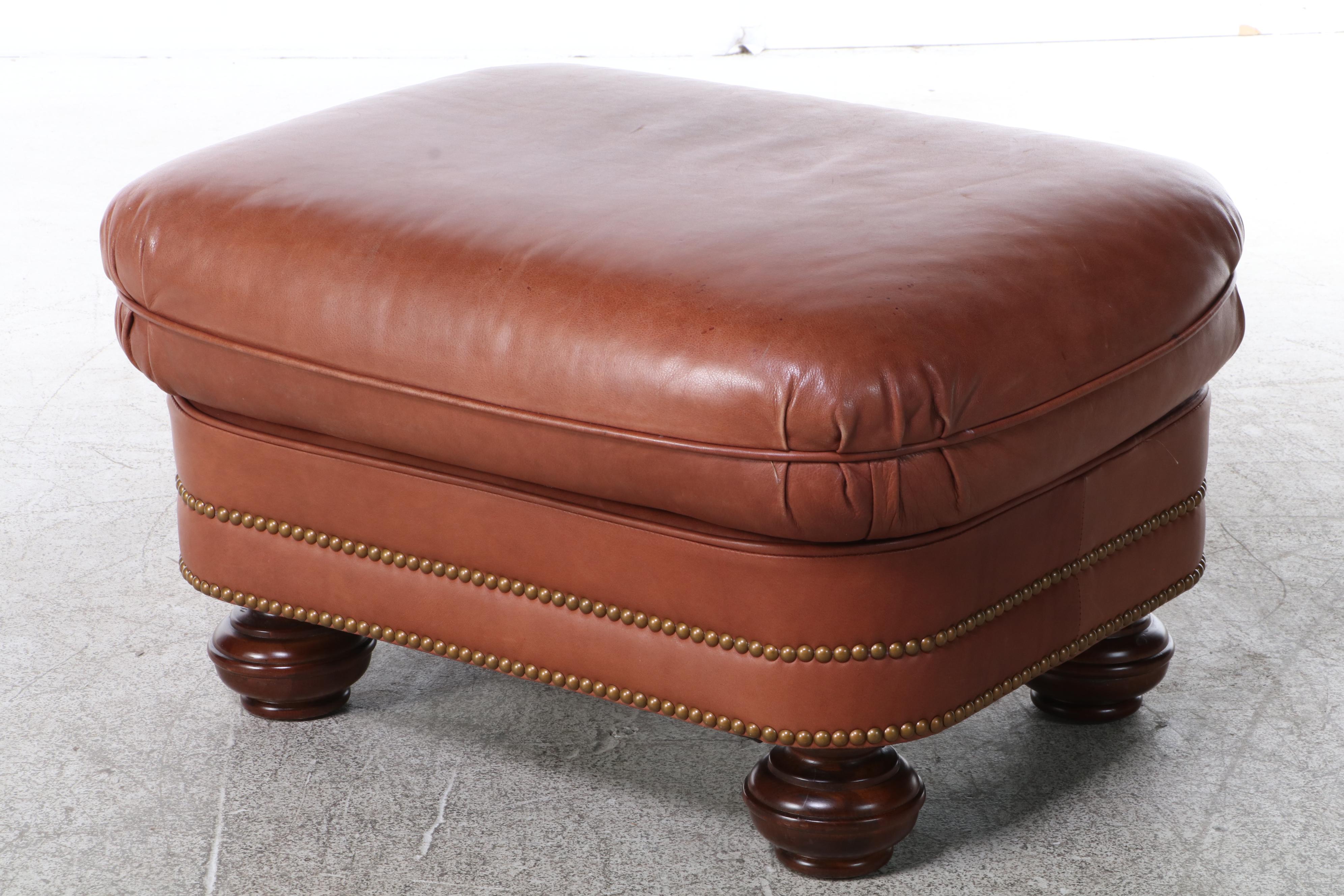Century Leather and Brass-Tacked Armchair and Leathercraft Ottoman