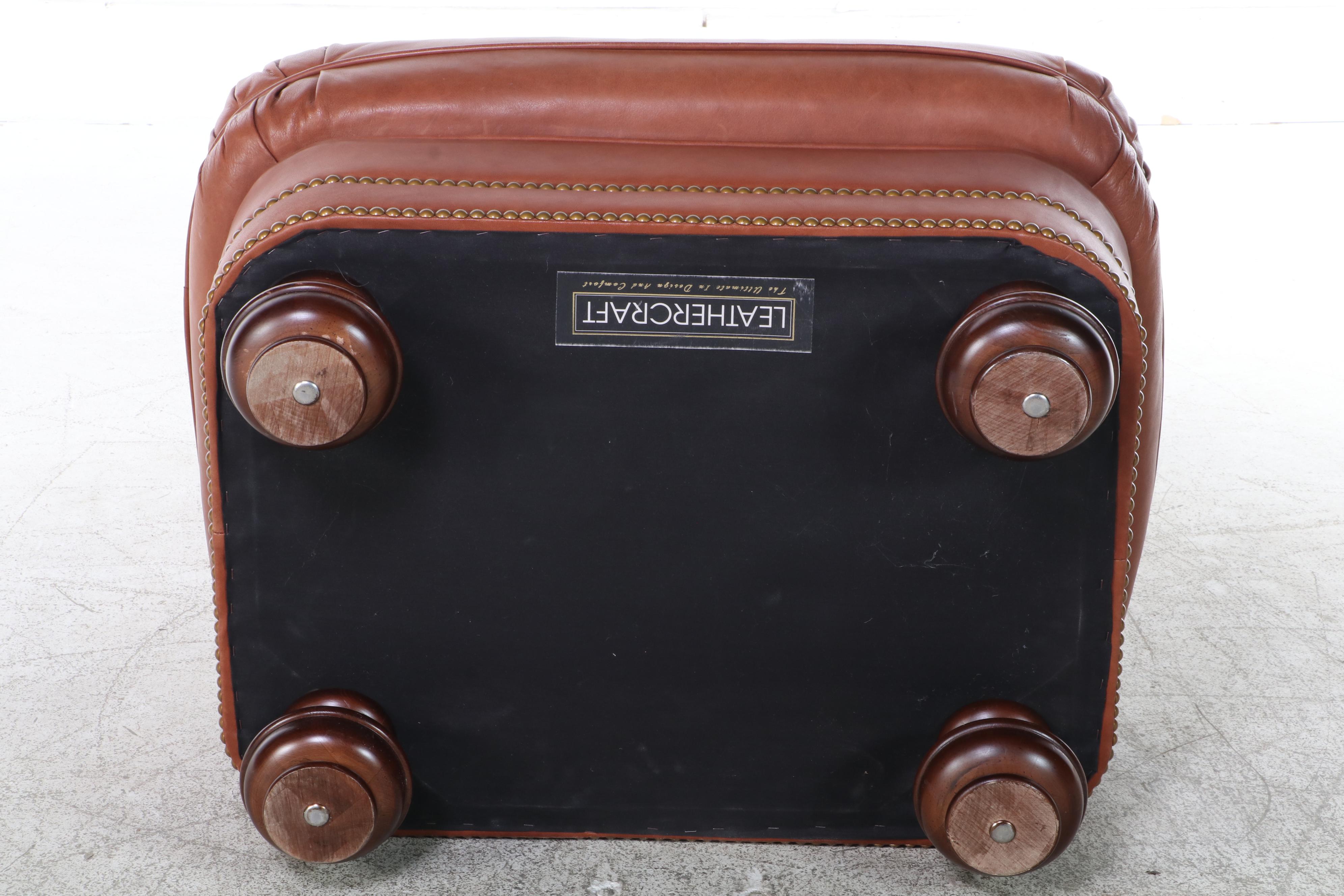 Century Leather and Brass-Tacked Armchair and Leathercraft Ottoman