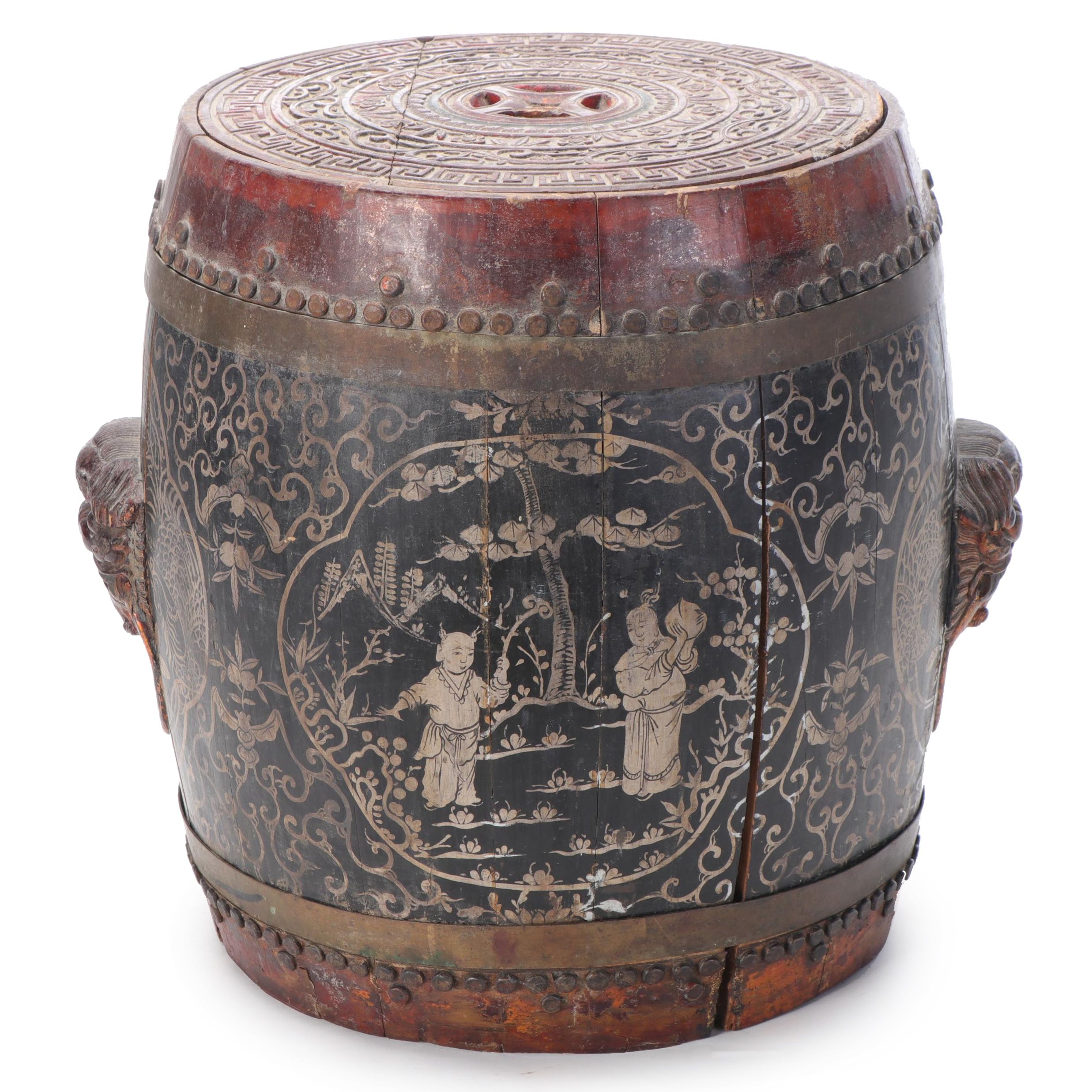 Chinese Hand-Painted Lacquerware Staved Wood Rice Barrel
